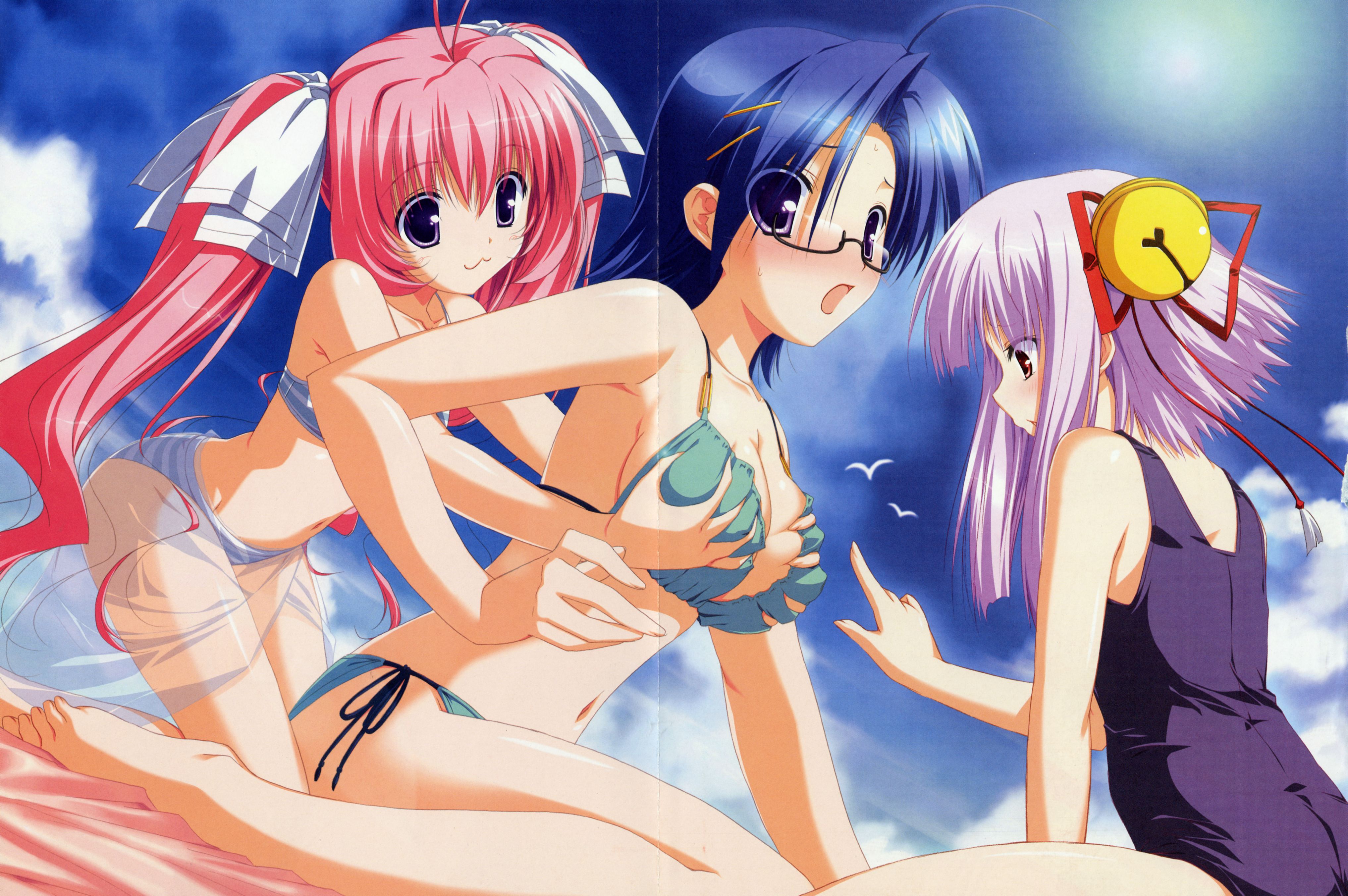 sakaki maki, absurdres, highres, scan, scan artifacts, 3girls, :3, ahoge, barefoot, bikini, blue hair, blush, breasts, cloud, crease, day, glasses, grabbing another's breast, green bikini, groping, large breasts, long hair, multiple girls, navel, one-piece swimsuit, pink hair, purple eyes, purple hair, purple one-piece swimsuit, purple school swimsuit, sarong, school swimsuit, see-through clothes, see-through sarong, side-tie bikini bottom, sky, small breasts, sun, swimsuit, twintails, yuri
