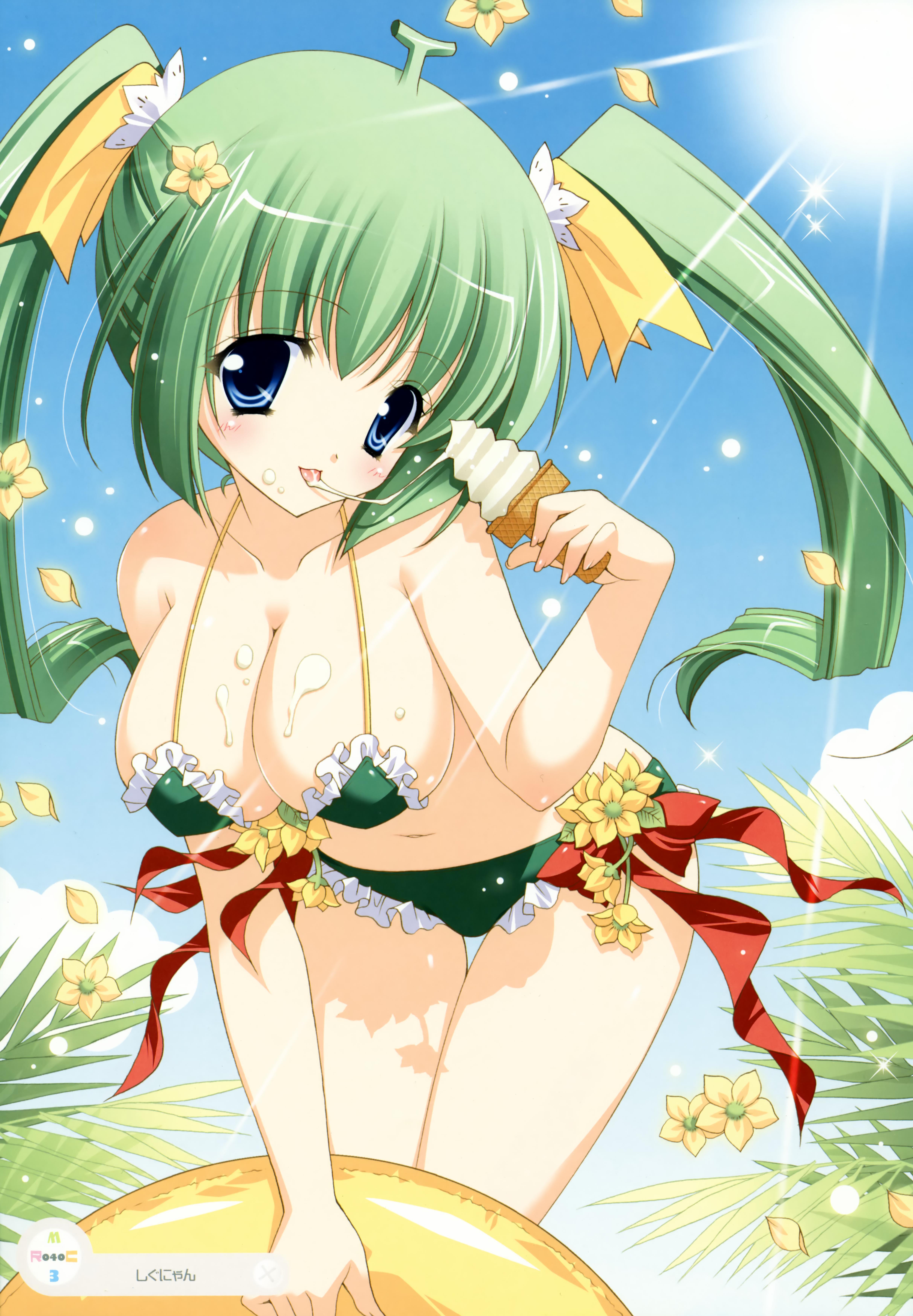 shigunyan, melon-chan, melonbooks, absurdres, highres, 1girl, bikini, bikini top only, blue eyes, blush, bow, breasts, cleavage, day, female focus, flower, food, green hair, hanging breasts, huge breasts, ice cream, innertube, sexually suggestive, solo, sun, swim ring, swimsuit, twintails, yellow bow