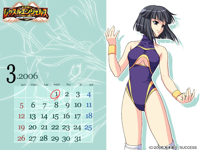minami toshimi, wrestle angels, wrestle angels survivor, 00s, 1girl, 2006, black hair, breasts, calendar, cleavage cutout, clothing cutout, female focus, grey eyes, large breasts, leotard, march, short hair, solo