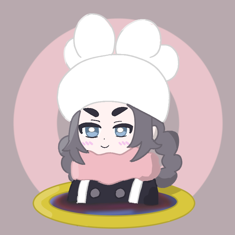 ansha (pokemon), nintendo, pokemon, pokemon legends: z-a, commentary request, 1girl, blue eyes, blush, bright pupils, closed mouth, dot nose, grey hair, hat, long hair, mismatched eyebrows, niltera, pink scarf, portal (object), purple background, scarf, simple background, smile, solo, thick eyebrows, through portal, v-shaped eyebrows, white hat, white pupils