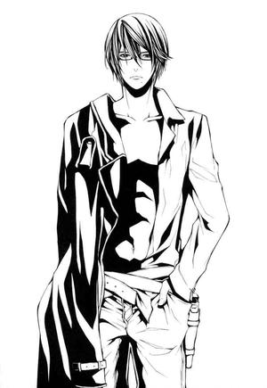 nakamura tomomi, naked ape, saki otoo, mikoshiba shouta, dolls (manga), lowres, 1boy, belt, coat, comic, doll, glasses, greyscale, hands in pockets, male focus, monochrome, open clothes, open shirt, shirt, short hair, solo, trench coat