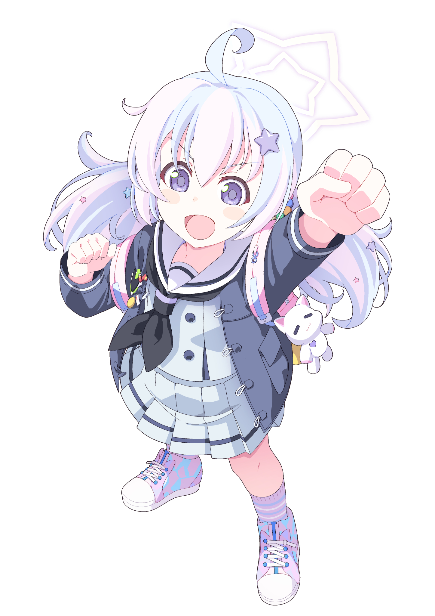reisa (blue archive), blue archive, commentary, highres, 1girl, :d, ahoge, arm up, backpack, bag, bag charm, black neckerchief, blue hair, blue jacket, blush stickers, charm (object), clenched hands, from above, full body, grey serafuku, grey shirt, grey skirt, hair ornament, halo, holding, holding bag, jacket, long hair, long sleeves, looking at viewer, low twintails, multicolored hair, neckerchief, open clothes, open jacket, open mouth, pink bag, pink hair, pleated skirt, purple eyes, purple shoes, purple socks, raised fist, sailor collar, school uniform, serafuku, shirt, shoes, skirt, smile, sneakers, socks, solo, star (symbol), star hair ornament, star halo, striped clothes, striped socks, tanuki soutou x, twintails, two-tone hair, v-shaped eyebrows, white sailor collar
