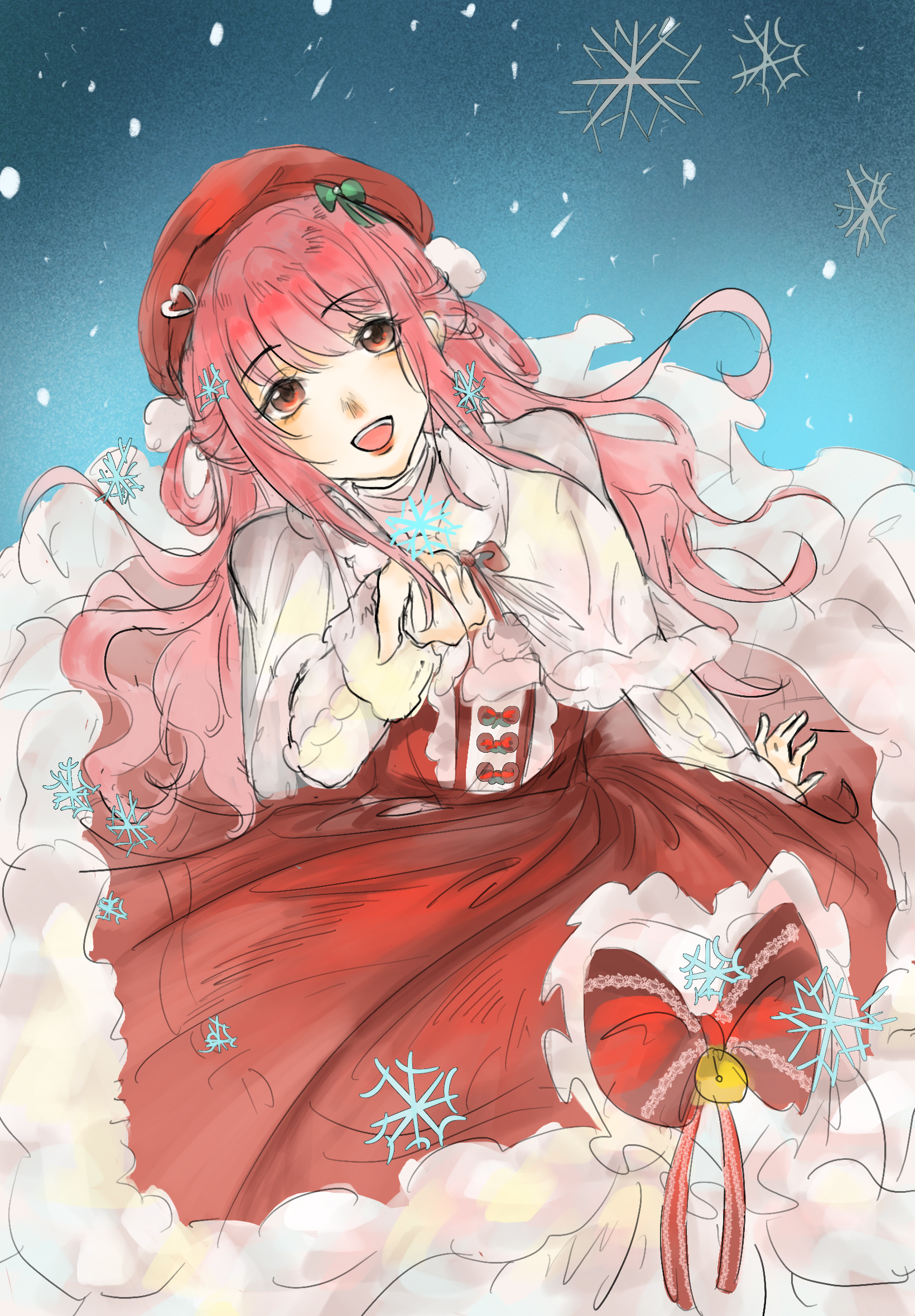 nikki (nikki), snowy encounter (infinity nikki), infinity nikki, nikki (series), chinese commentary, commentary request, highres, 1girl, bell, beret, blue sky, blunt bangs, bow, bow button, brown eyes, capelet, center frills, circle skirt, cowboy shot, day, dot nose, dress, dress bow, eyelashes, frilled dress, frills, fur-trimmed capelet, fur-trimmed dress, fur trim, green bow, hair between eyes, hair bow, hair ornament, hair rings, happy, hat, hat ornament, head tilt, heart, heart hat ornament, heart print, lace-trimmed bow, lace trim, light blush, long hair, long sidelocks, long sleeves, medium dress, open mouth, outdoors, outstretched hand, pink hair, pleated dress, pom pom (clothes), pom pom hair ornament, print dress, puffy long sleeves, puffy sleeves, red bow, red dress, red hat, red ribbon, ribbon, ribbon-trimmed bow, ribbon trim, sidelocks, sitting, sky, sleeve cuffs, smile, snowflakes, solo, sweater, sweater under dress, teeth, upper teeth only, very long hair, wavy hair, white capelet, white sweater, xiyu5737