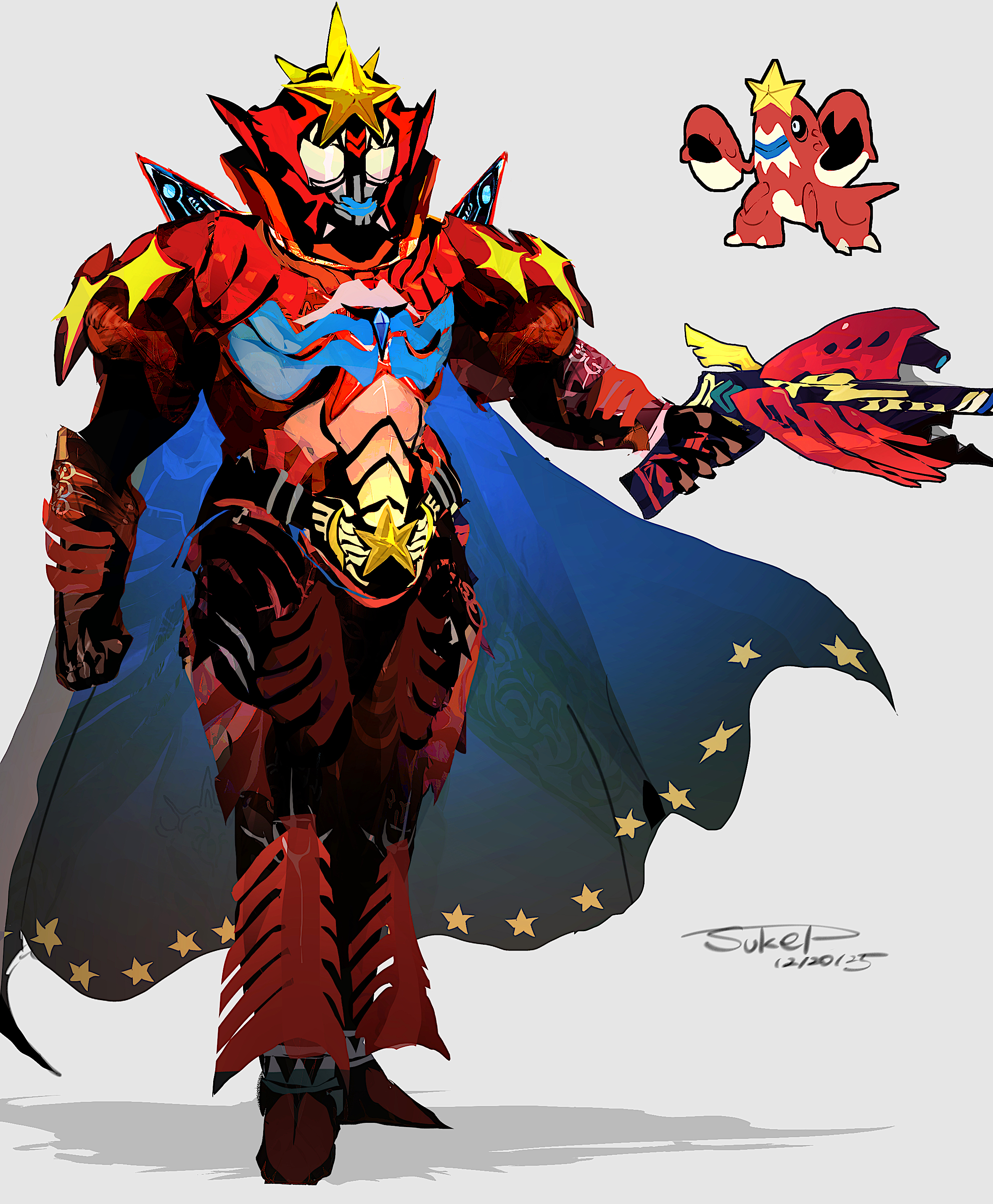 sukepmonster, crawdaunt, nintendo, pokemon, absurdres, highres, armor, cape, dated, gen 3 pokemon, grey background, gun, holding, holding gun, holding weapon, personification, pokemon (creature), reference inset, shadow, signature, star (symbol), weapon