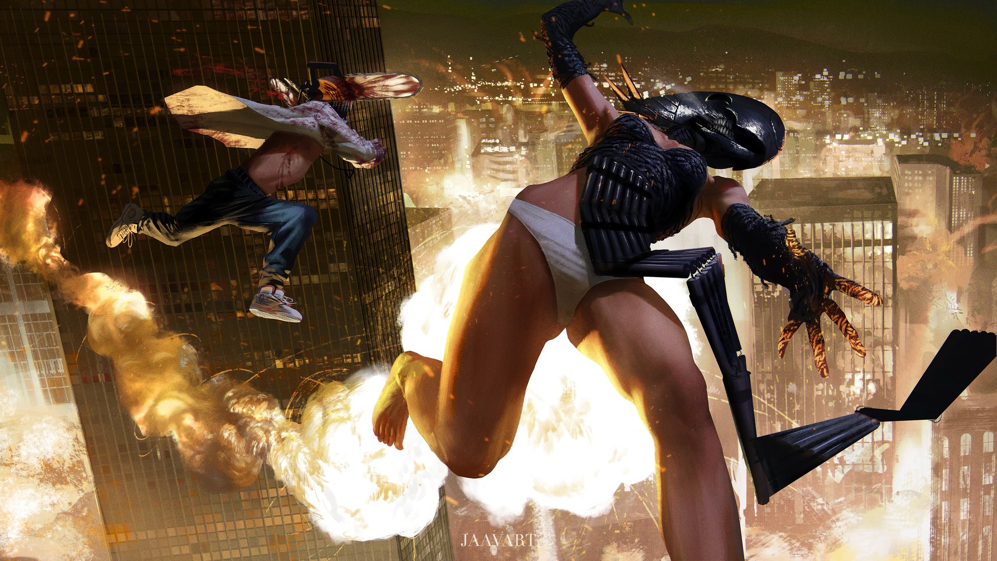 javi martinez, bomb devil (chainsaw man), denji (chainsaw man), reze (chainsaw man), chainsaw man, highres, 1boy, 1girl, apron, artist name, barefoot, black apron, black gloves, blood, blood on clothes, blood on face, blue pants, bomb, building, chainsaw, dynamite, explosion, explosive, falling, fire, gloves, grenade pin, object head, open clothes, open shirt, outstretched arm, panties, pants, pull cord, sharp teeth, shirt, shoes, sparkle, teeth, underwear, white panties, white shirt, white shoes