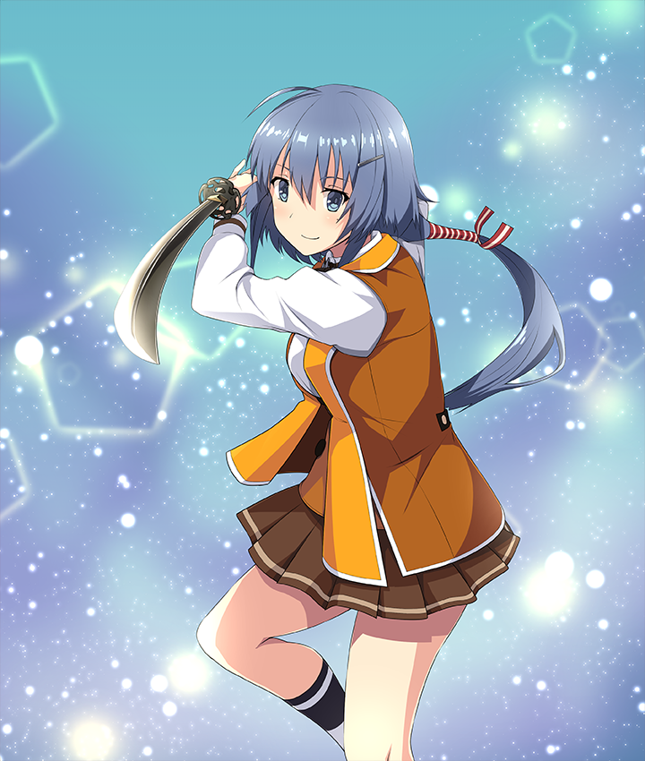setouchi chie, toji no miko, toji no miko: kizamishi issen no tomoshibi, game cg, official art, third-party source, 1girl, ahoge, blue eyes, blue hair, breasts, brown skirt, brown vest, closed mouth, fighting stance, hair ornament, hairclip, holding, holding sword, holding weapon, katana, large breasts, long hair, long sleeves, looking at viewer, low ponytail, mole, mole under eye, osafune girls academy school uniform, ponytail, school uniform, shirt, skirt, smile, socks, solo, standing, standing on one leg, sword, very long hair, vest, weapon, white shirt, white socks