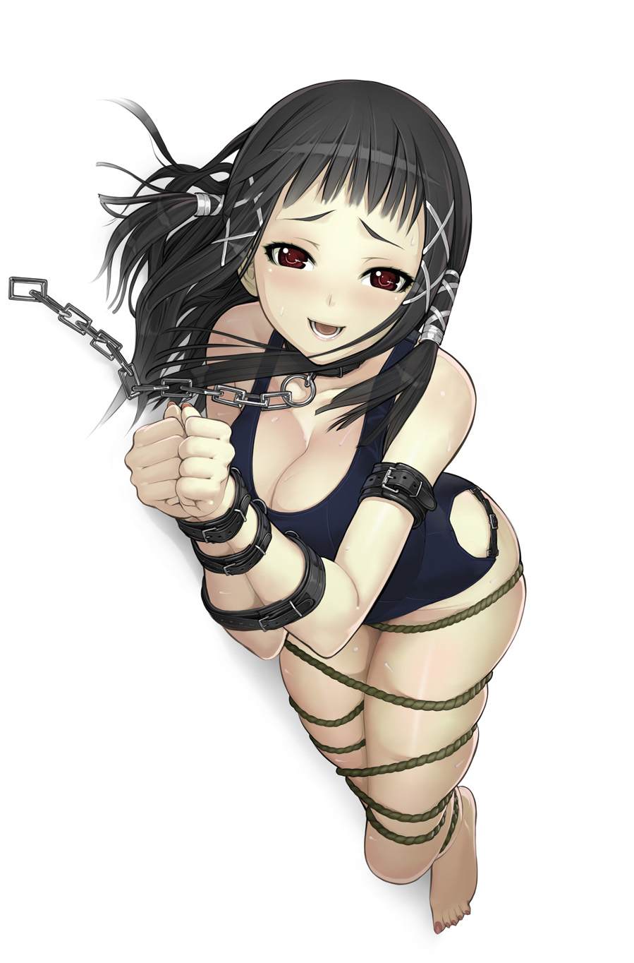 nakabayashi reimei, toujou ruby, rosario+vampire, highres, 00s, 1girl, barefoot, bdsm, black hair, blush, bondage, bound, chain, chain leash, collar, female focus, happy, leash, nail polish, one-piece swimsuit, red eyes, rope, school swimsuit, slave, smile, solo, strap, swimsuit, viewer holding leash