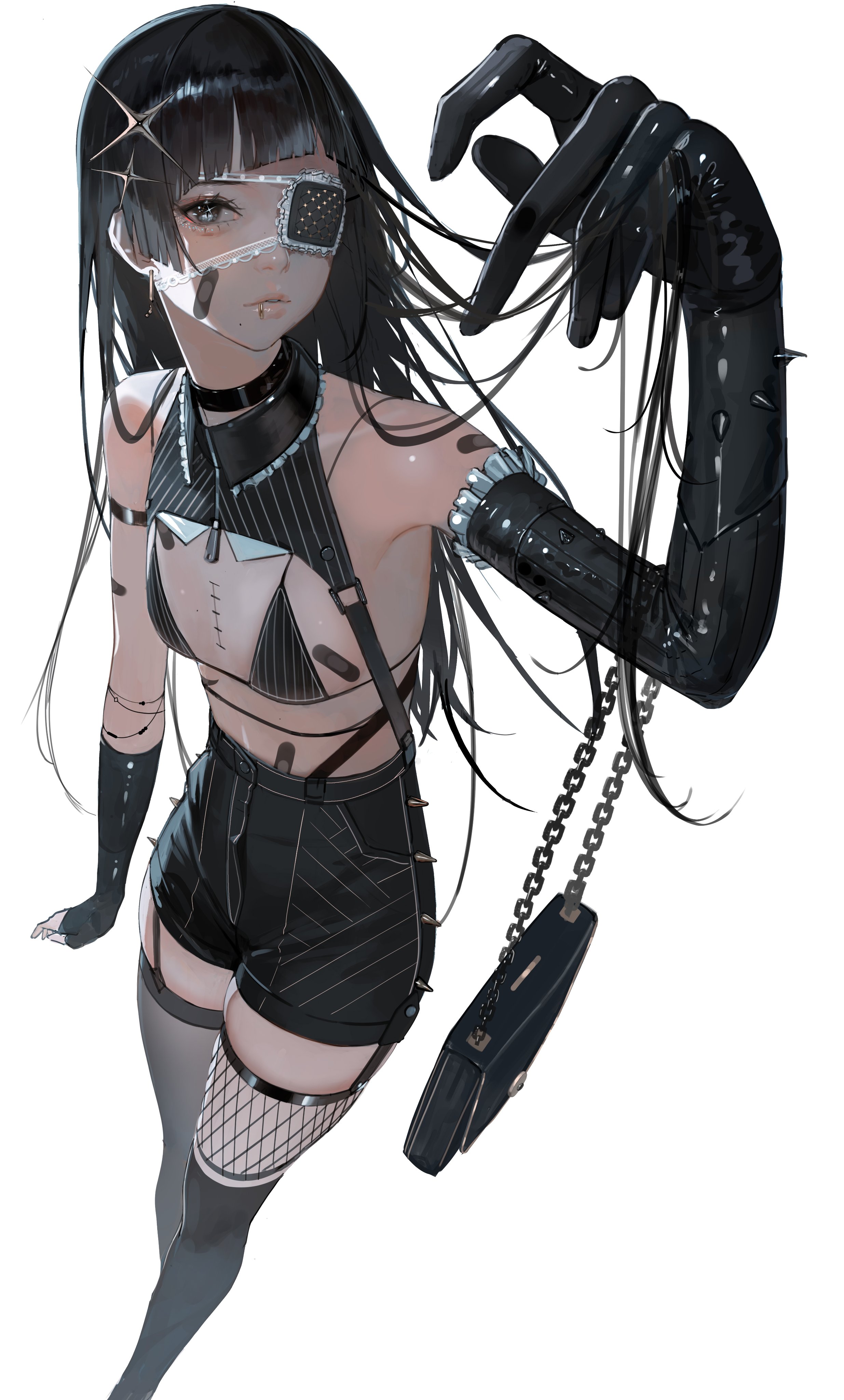 ganet p, original, absurdres, highres, 1girl, armlet, bag, bandaid, bandaid on arm, bandaid on breast, bandaid on cheek, bandaid on face, bandaid on stomach, bare shoulders, black bra, black choker, black gloves, black hair, black shorts, black sleeves, blunt bangs, bra, brown eyes, choker, collar, detached sleeves, earrings, elbow gloves, eyepatch, face piercing, frilled collar, frilled sleeves, frills, from above, garter straps, glitter makeup, gloves, goth fashion, hair ornament, handbag, holding, holding bag, jewelry, kneehighs, lace-trimmed eyepatch, latex, latex sleeves, lip piercing, long hair, looking at viewer, mole, mole under mouth, parted lips, piercing, pinstripe pattern, short shorts, shorts, simple background, single earring, single fishnet legwear, single kneehigh, single sock, single thighhigh, socks, solo, star (symbol), star hair ornament, straight hair, thighhighs, underwear, white background