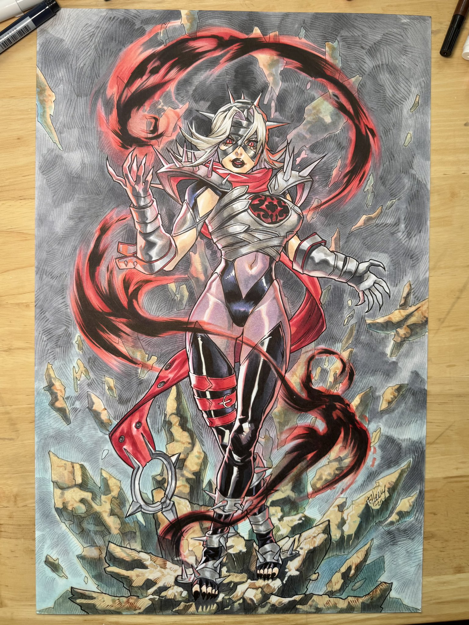 art of ellery, malice (sue storm), sue storm, fantastic four, marvel, marvel rivals, hashtag-only commentary, highres, traditional media, 1girl, armor, art tools in frame, black leotard, black lips, black nails, black sclera, breasts, clothing cutout, colored sclera, dark persona, floating clothes, full body, grey background, large breasts, leotard, long hair, looking at viewer, marker, navel, official alternate costume, open mouth, pauldrons, purple bodystocking, red eyes, red scarf, rock, scarf, shoulder armor, solo, spiked pauldrons, spikes, stomach cutout, toes, white hair