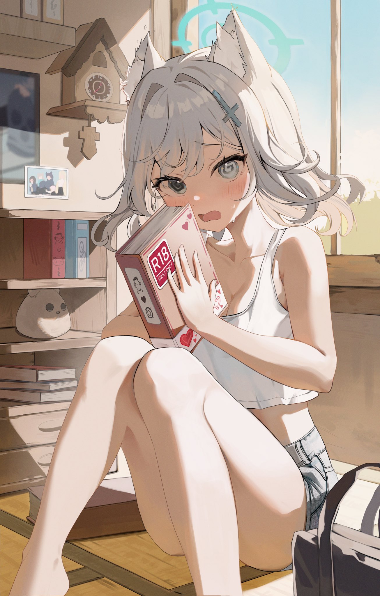 shiroko (blue archive), blue archive, highres, 1girl, @ @, animal ear fluff, animal ears, bag, bare arms, bare legs, bare shoulders, blue halo, blush, book, breasts, cleavage, clock, collarbone, crop top, cross hair ornament, cuckoo clock, denim, denim shorts, feet out of frame, flustered, gradient sky, grey eyes, grey hair, hair intakes, hair ornament, halo, heart, holding, holding book, indoors, knees up, looking at viewer, medium hair, midriff, open mouth, pornography, short shorts, shorts, sidelighting, sitting, siya je, sky, solo, sweat, wavy mouth, window, wolf ears, wolf girl