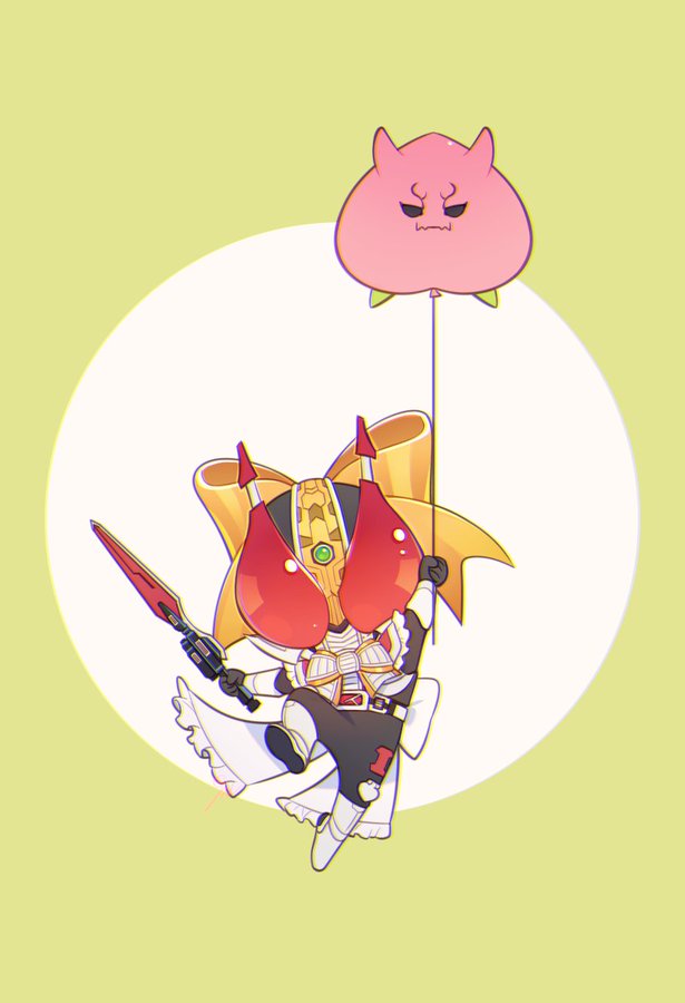 yrxcl, kamen rider den-o, kamen rider pretty den-o, momotaros, kamen rider, kamen rider den-o (series), 1boy, armor, balloon, belt, big ribbon, bow, chibi, floating, food, frills, fruit, holding, holding balloon, holding sword, holding weapon, horns, large bow, large ribbon, male focus, oni, peach, red armor, ribbon, sword, weapon, yellow bow, yellow ribbon