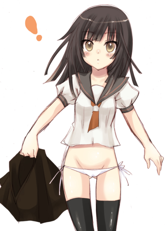 yukian, sengoku nadeko, bakemonogatari, monogatari (series), !, 00s, 1girl, black hair, black thighhighs, brown eyes, female focus, holding, holding unworn clothes, holding unworn skirt, lowleg, lowleg panties, no pants, panties, school uniform, serafuku, side-tie panties, sketch, skirt, solo, thighhighs, underwear, unworn skirt, white panties