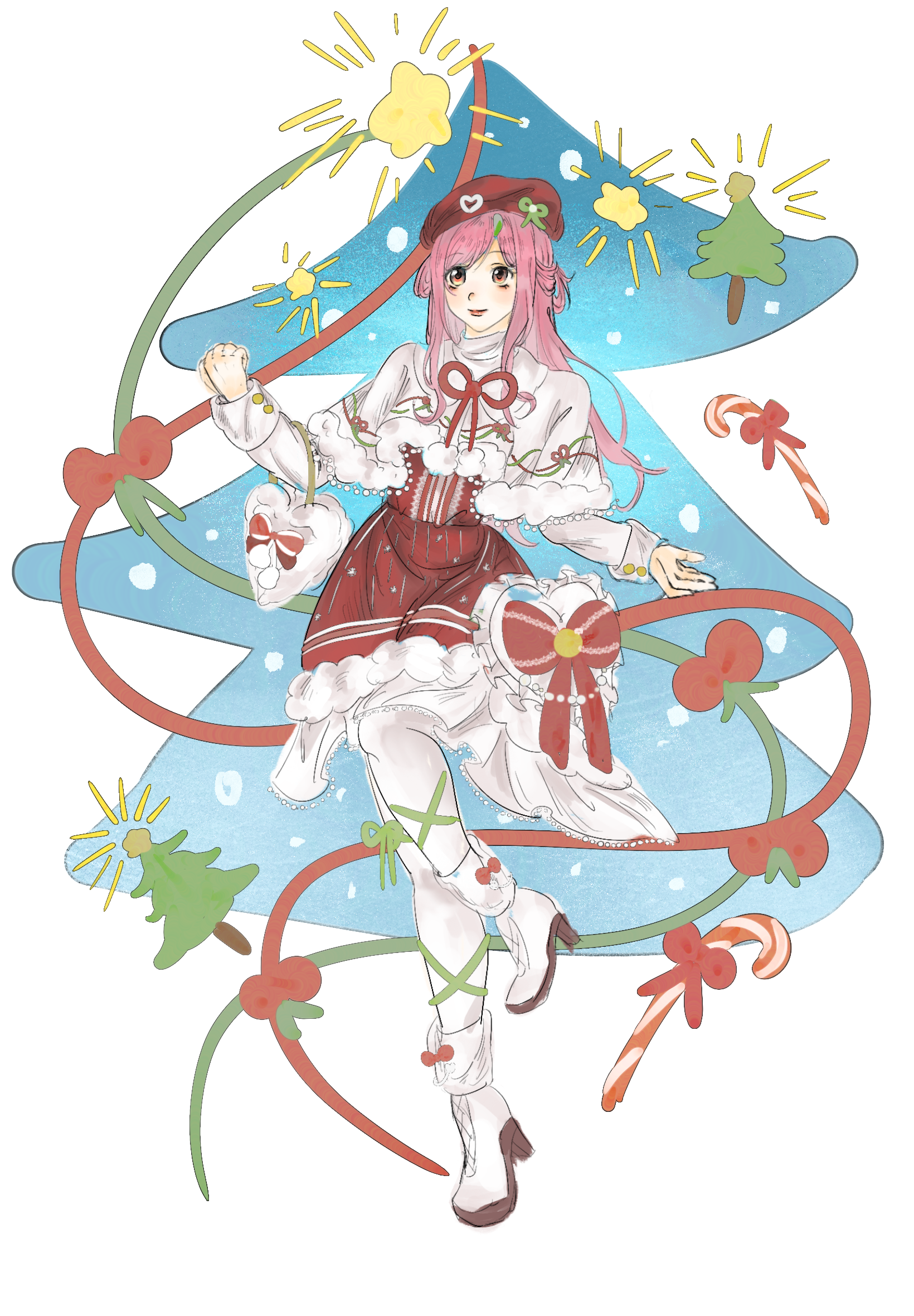 nikki (nikki), snowy encounter (infinity nikki), infinity nikki, nikki (series), chinese commentary, commentary request, highres, 1girl, bag, bag bow, beret, boots, bow, bow legwear, brown eyes, candy, candy cane, capelet, center frills, christmas, christmas tree, closed mouth, dress, dress bow, food, frilled dress, frills, full body, fur-trimmed capelet, fur-trimmed dress, fur anklet, fur trim, gold buttons, green ribbon, hair rings, handbag, happy, hat, hat ornament, hat ribbon, heart, heart-shaped bag, heart hat ornament, high heel boots, high heels, holly, leg ribbon, leg up, light blush, lipstick, long hair, long sidelocks, long sleeves, looking ahead, makeup, medium dress, pantyhose, pink hair, pink lips, pom pom (clothes), print capelet, red bow, red dress, red hat, red ribbon, ribbon, ribbon print, scarf, shirt, shirt under dress, sidelocks, sleeve cuffs, smile, snowing, solo, star (symbol), striped clothes, striped dress, vertical-striped clothes, vertical-striped dress, white background, white bag, white boots, white capelet, white pantyhose, white scarf, white shirt, xiyu5737