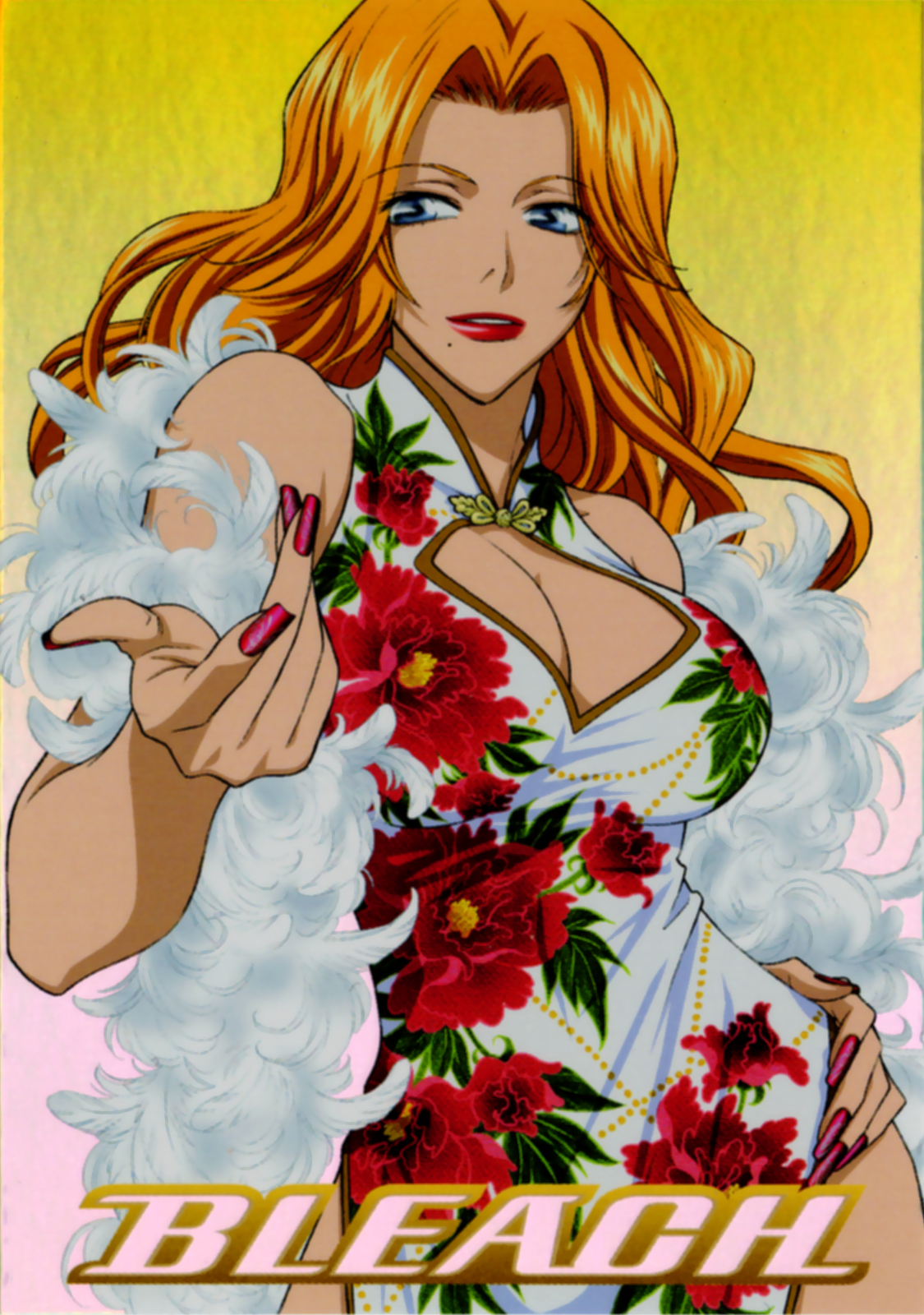 matsumoto rangiku, bleach, highres, 00s, 1girl, blue eyes, breasts, china dress, chinese clothes, cleavage, cleavage cutout, clothing cutout, dress, feather boa, feathers, female focus, fingernails, floral print, hand on own hip, hip focus, large breasts, lipstick, long fingernails, long hair, makeup, mole, mole under mouth, nail art, nail polish, orange hair, red nails, solo