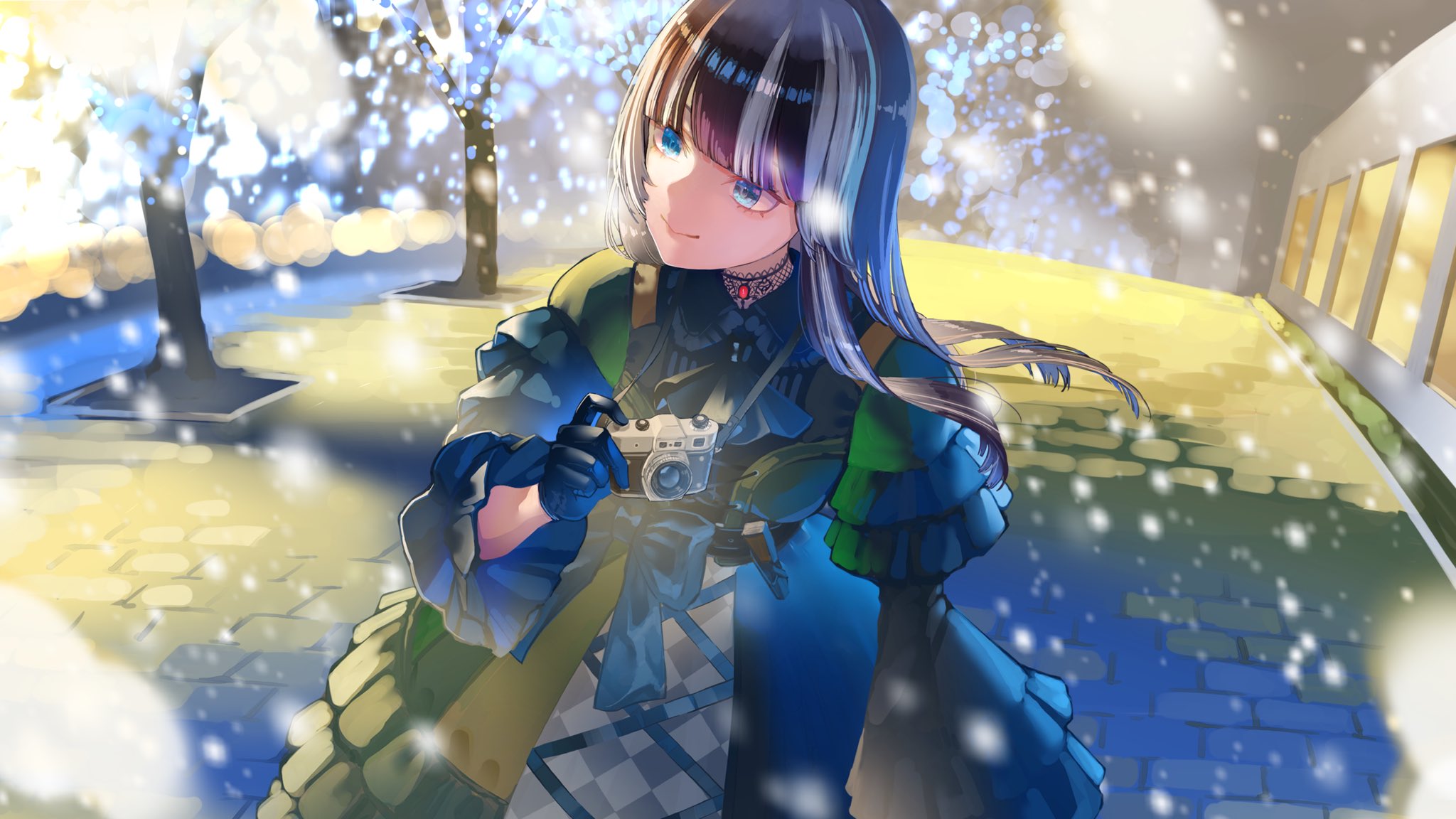 jw 2140, juufuutei raden, juufuutei raden (1st costume), hololive, hololive dev is, highres, 1girl, black choker, black dress, black hair, blue eyes, camera, choker, closed mouth, dress, grey streaks, holding, holding camera, lace-trimmed choker, lace trim, long hair, looking to the side, multicolored hair, outdoors, smile, snow, snowing, solo, streaked hair, virtual youtuber, winter