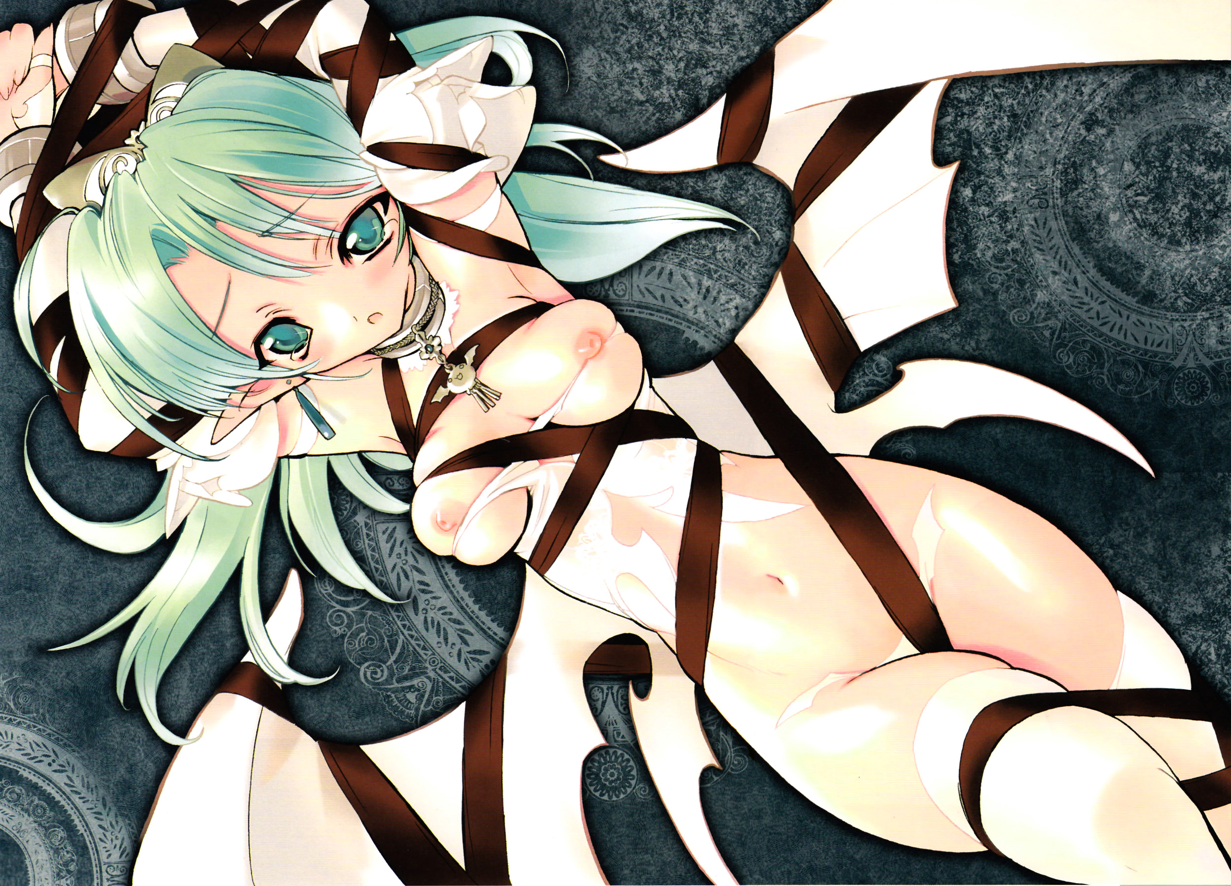 blade (galaxist), original, highres, 1girl, bdsm, blush, bondage, bound, breasts, choker, demon girl, female focus, green eyes, green hair, headdress, long hair, matching hair/eyes, medium breasts, naked ribbon, navel, nipples, open mouth, pointy ears, ribbon, ribbon bondage, solo, tears, thighhighs, torn clothes, white thighhighs, wings