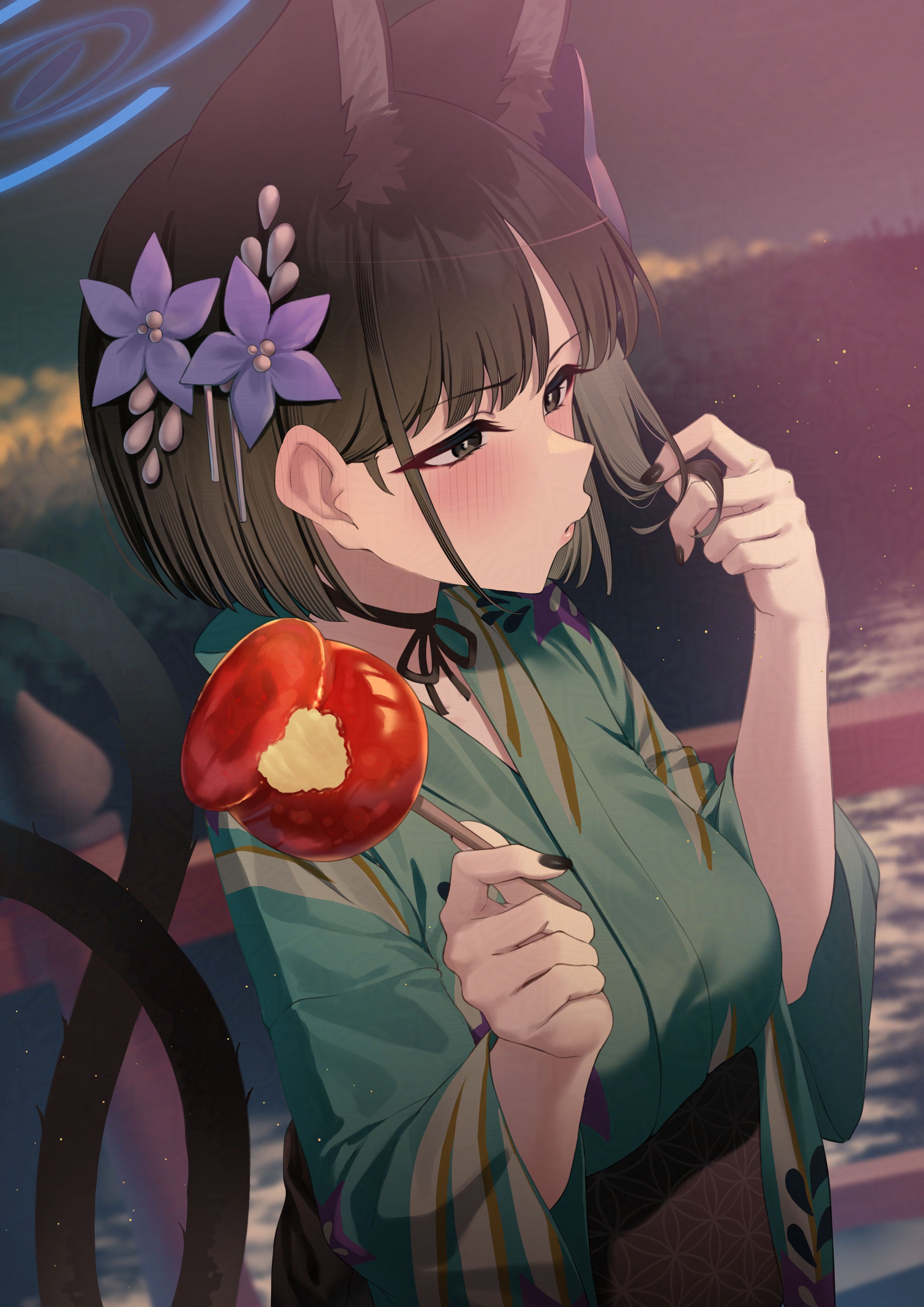 pizza (pizzania company), kikyou (blue archive), blue archive, absurdres, highres, 1girl, alternate costume, animal ear fluff, animal ears, black choker, black eyes, black hair, black nails, black sash, blue halo, blush, candy apple, cat ears, cat girl, cat tail, choker, extra ears, flower, food, from side, green kimono, hair flower, hair ornament, halo, holding, holding food, japanese clothes, kimono, looking ahead, multiple tails, playing with own hair, purple flower, sash, short hair, solo, tail, two tails