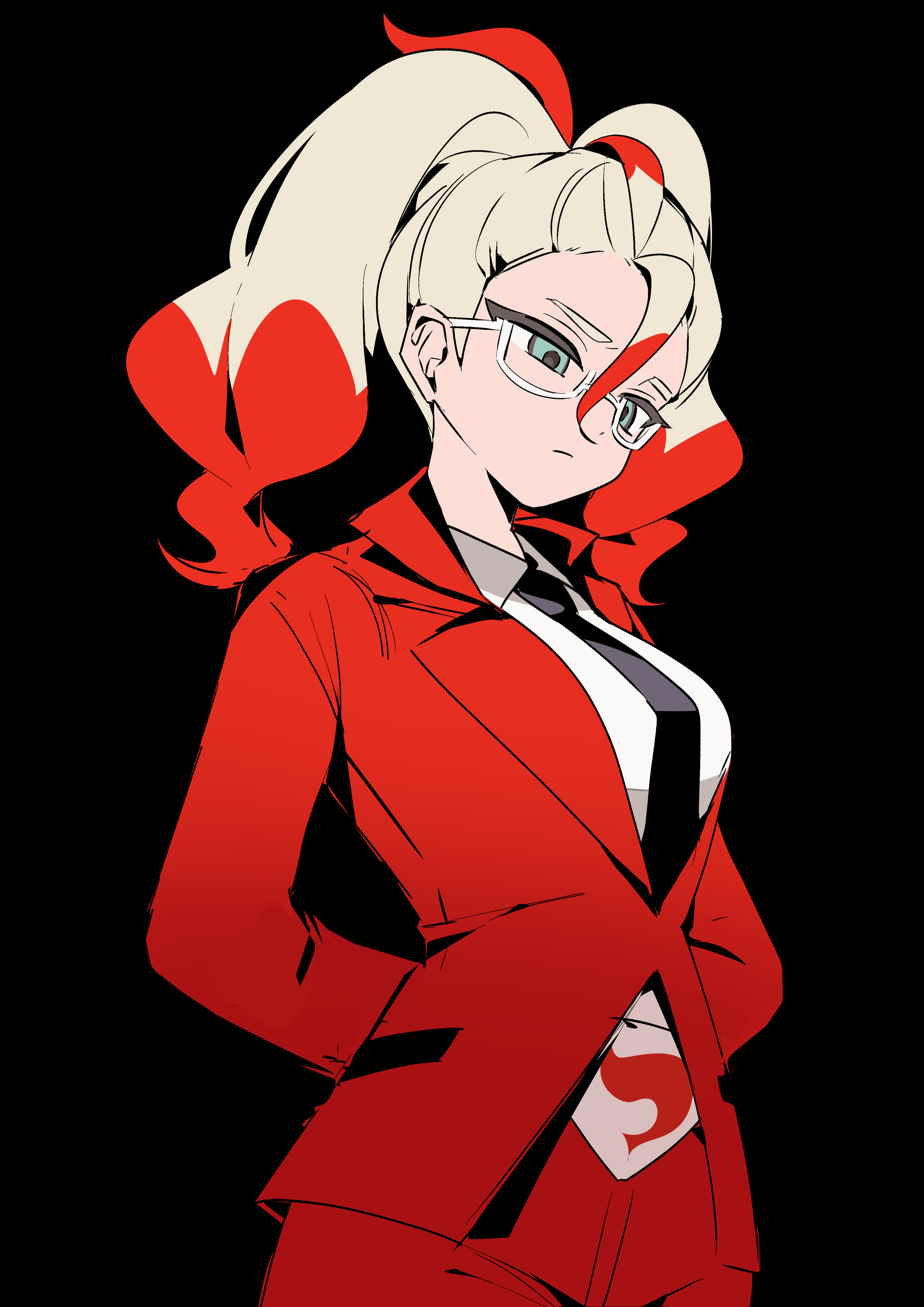 ebi (shrimp eleven), griselle (pokemon), nintendo, pokemon, pokemon legends: z-a, absurdres, commentary request, highres, 1girl, alternate costume, aqua eyes, arms behind back, black background, black necktie, blonde hair, colored tips, cowlick, formal clothes, frown, hair pulled back, jacket, looking down, multicolored hair, necktie, pants, red hair, red jacket, red pants, shirt, solo, split ponytail, suit, team flare uniform, wavy hair, white shirt