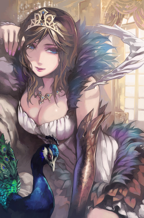 aoin, original, bad id, bad pixiv id, 1girl, animal, bird, blue eyes, breasts, brown hair, cleavage, detached sleeves, dress, feathers, female focus, nail polish, peacock, pink nails, solo, tiara