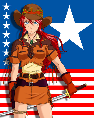 k-ma, gemini sunrise, sakura taisen, sakura taisen v, sega, lowres, 00s, 1girl, blue eyes, cowboy hat, cowboy western, freckles, fringe trim, gloves, gun, handgun, hat, katana, long hair, pencil skirt, pistol, red hair, revolver, skirt, sword, united states, weapon