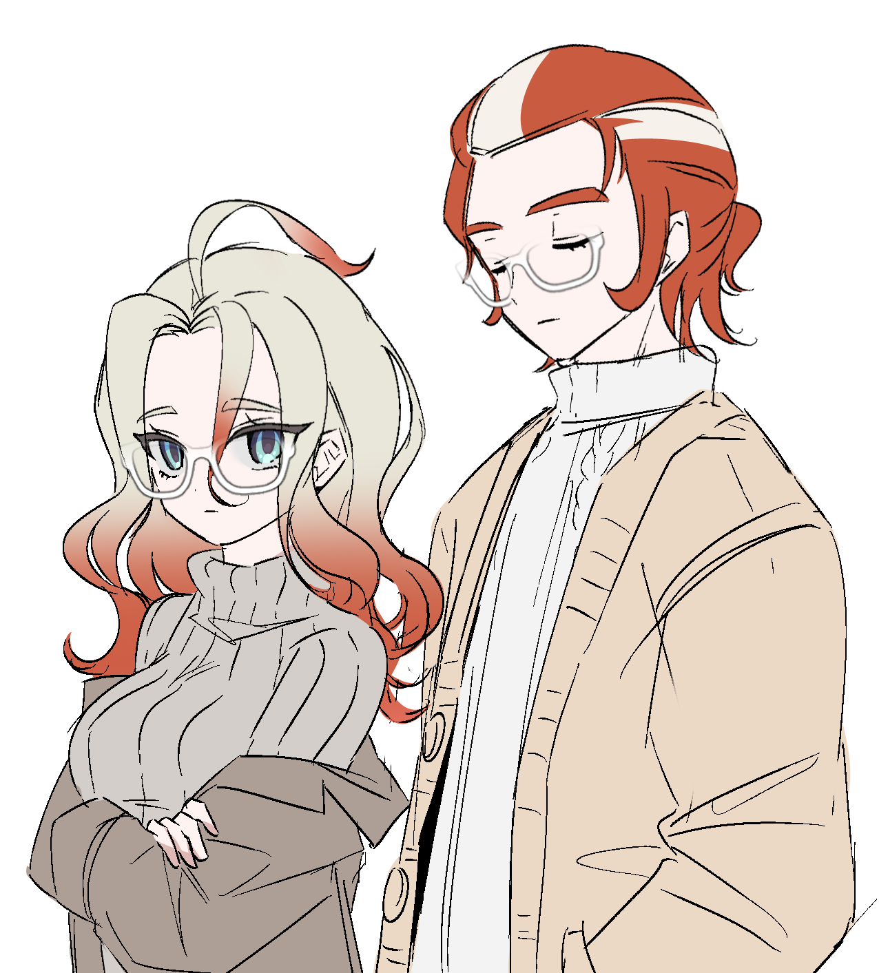 ebi (shrimp eleven), griselle (pokemon), grisham (pokemon), nintendo, pokemon, pokemon legends: z-a, commentary, commentary request, english commentary, highres, 1boy, 1girl, alternate costume, blue eyes, bow, bowtie, breasts, casual, closed eyes, closed mouth, glasses, jacket, japanese clothes, long hair, multicolored hair, ponytail, red hair, shirt, simple background, sweater, turtleneck, turtleneck sweater, two-tone hair, upper body, white-framed eyewear, white background, white shirt