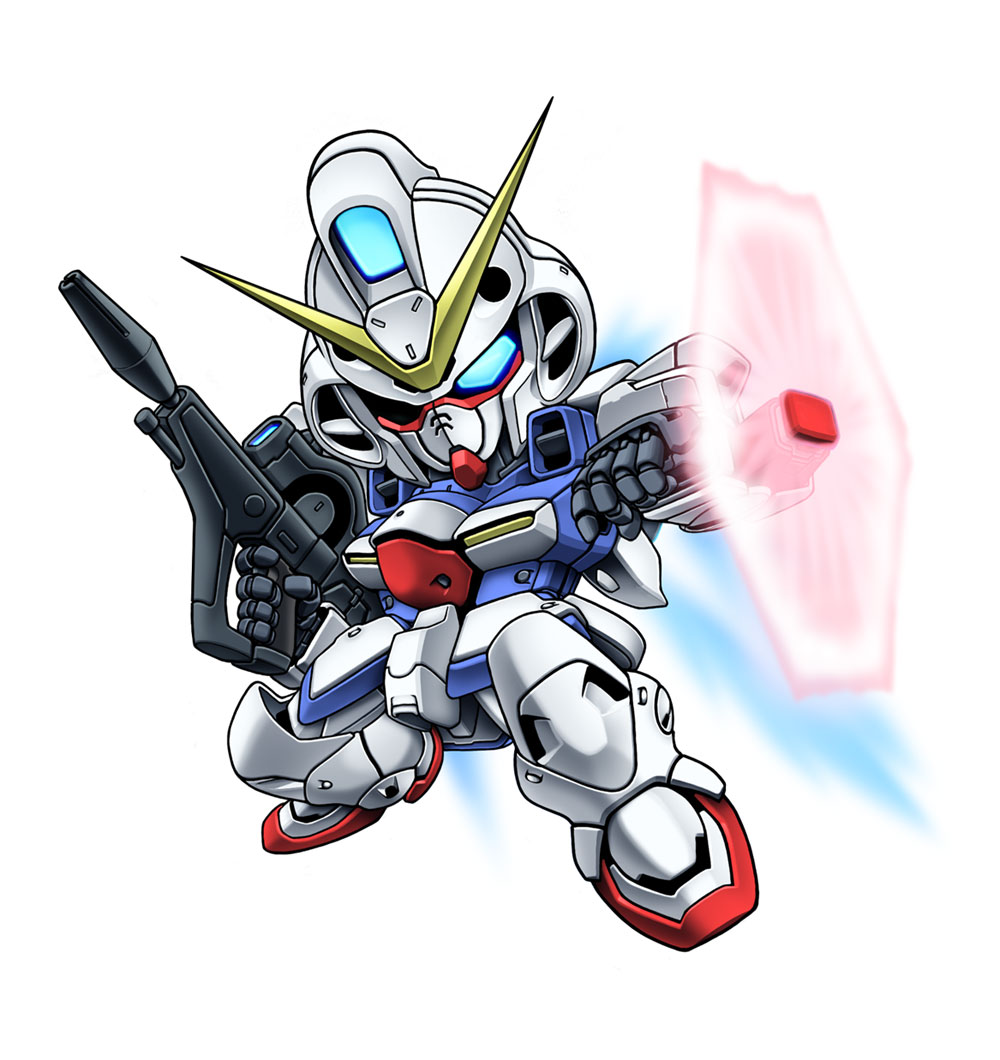 noah noah, v gundam, gundam, victory gundam, 1990s (style), beam rifle, beam shield, chibi, energy gun, gun, mecha, retro artstyle, robot, shield, simple background, weapon