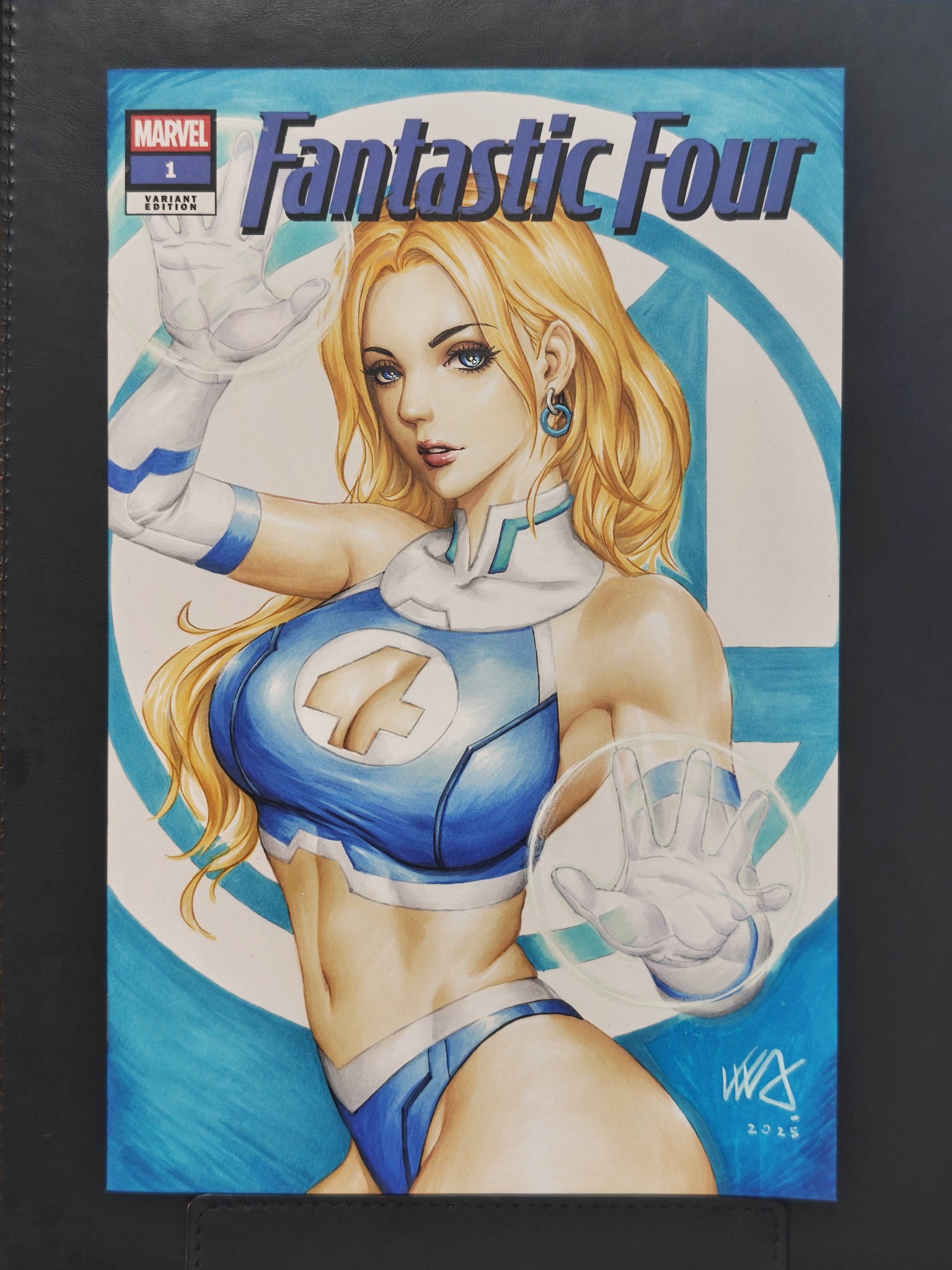 kunkka, sue storm, fantastic four, marvel, acrylic paint (medium), commentary, english commentary, highres, marker (medium), painting (medium), pen (medium), traditional media, 1girl, 2025, bikini, blonde hair, blue bikini, blue eyes, breasts, cleavage cutout, clothing cutout, copyright logo, copyright name, cover sketch, cowboy shot, earrings, elbow gloves, gloves, jewelry, large breasts, logo, long hair, looking at viewer, midriff, navel, parted lips, signature, solo, swimsuit, white gloves