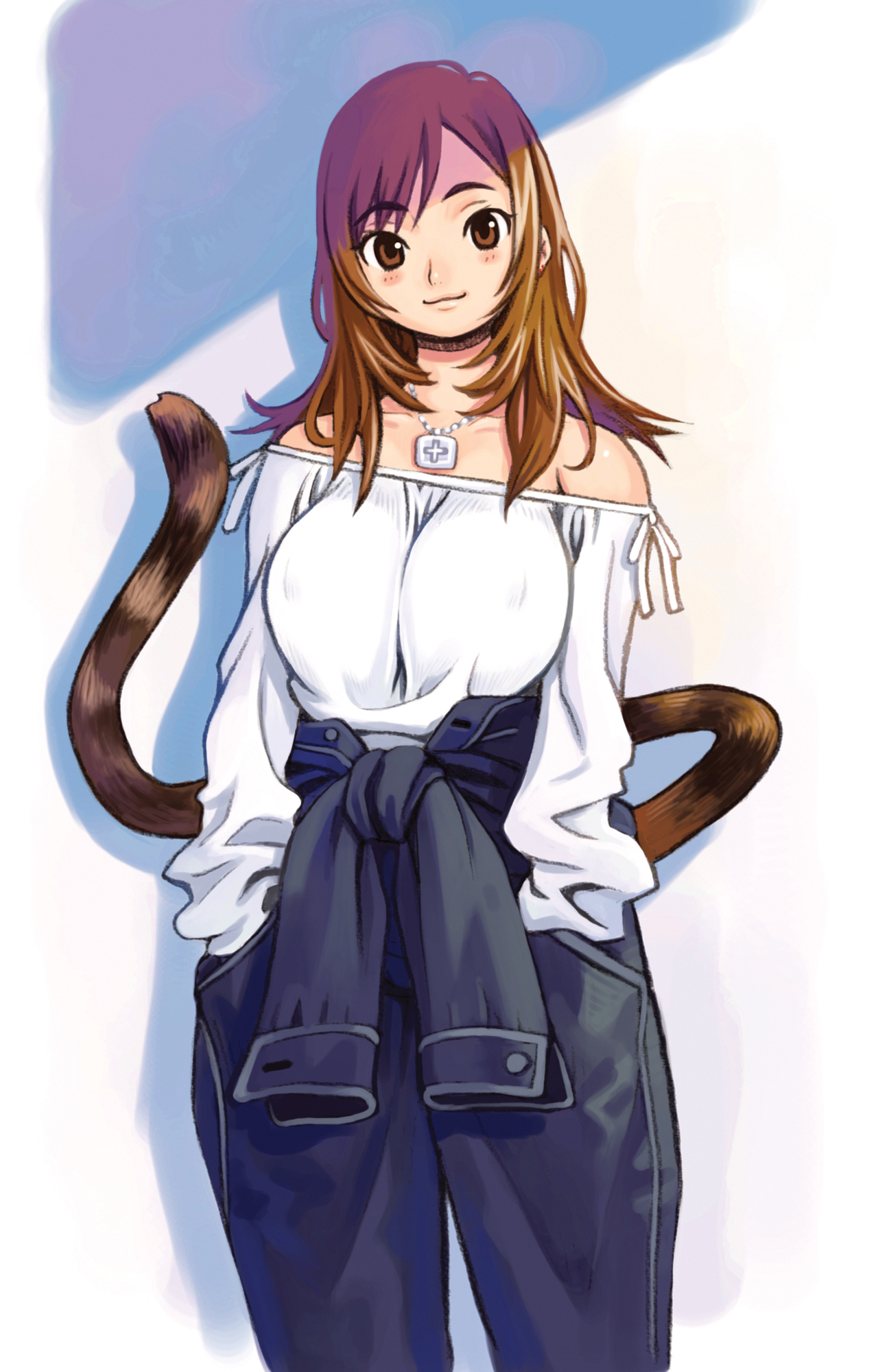 ryoji (nomura ryouji), original, highres, 1girl, bare shoulders, breasts, brown eyes, brown hair, covered erect nipples, female focus, hands in pockets, jewelry, large breasts, long hair, long sleeves, looking at viewer, necklace, pocket, solo, tail