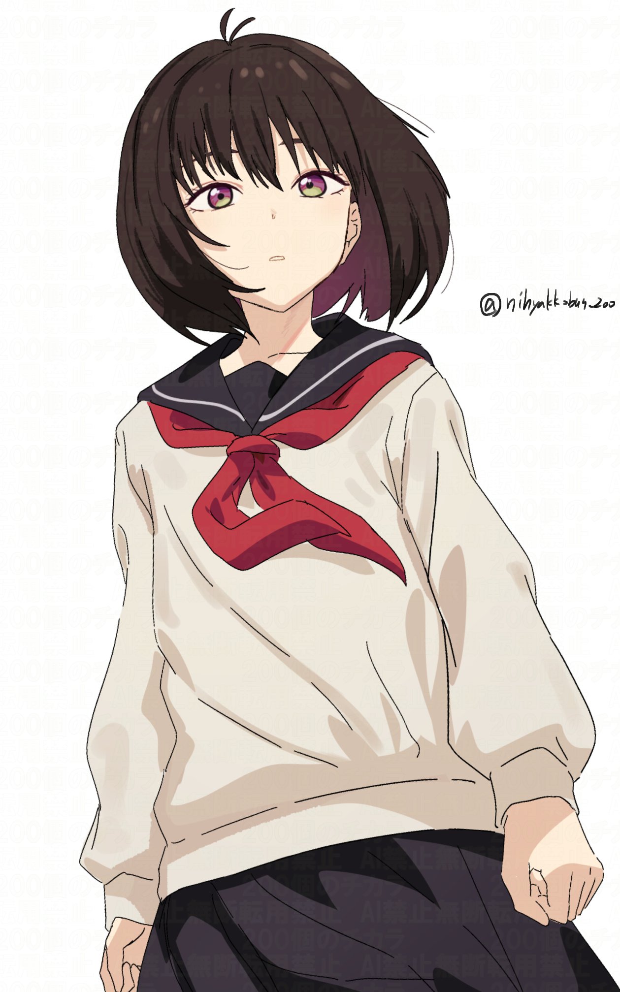 200-ko no chikara, osanai yuki, shoushimin series, commentary request, highres, 1girl, black skirt, brown hair, collarbone, cowboy shot, gradient eyes, hair between eyes, looking at viewer, medium hair, multicolored eyes, neckerchief, parted lips, purple eyes, red neckerchief, simple background, skirt, solo, standing, twitter username, white background, yellow eyes