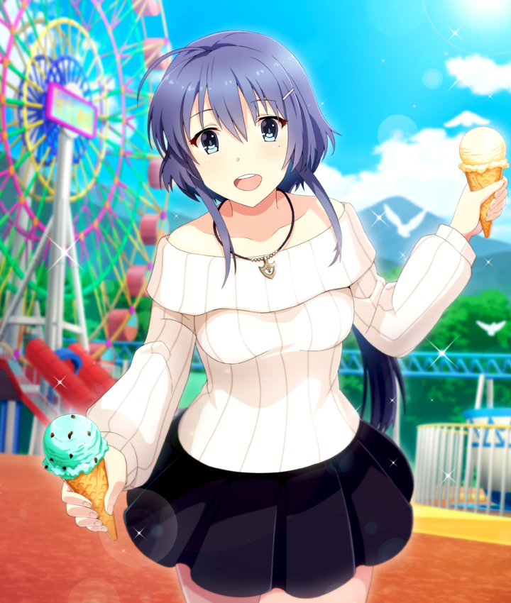 setouchi chie, toji no miko, toji no miko: kizamishi issen no tomoshibi, game cg, official art, third-party source, 1girl, :d, ahoge, amusement park, animal, bare shoulders, bird, black skirt, blue eyes, blue hair, blue sky, cloud, collarbone, cowboy shot, day, dot nose, ferris wheel, hair ornament, hairclip, holding, holding ice cream cone, ice cream cone, incoming food, jewelry, lens flare, long hair, long sleeves, looking at viewer, low ponytail, mint chocolate, mole, mole under eye, mountain, necklace, off-shoulder sweater, off shoulder, open mouth, outdoors, ponytail, railing, ribbed sweater, sidelocks, skirt, sky, smile, solo, sparkle, spinning teacup, sun, sweater, teeth, upper teeth only, vanilla, white bird, white sweater