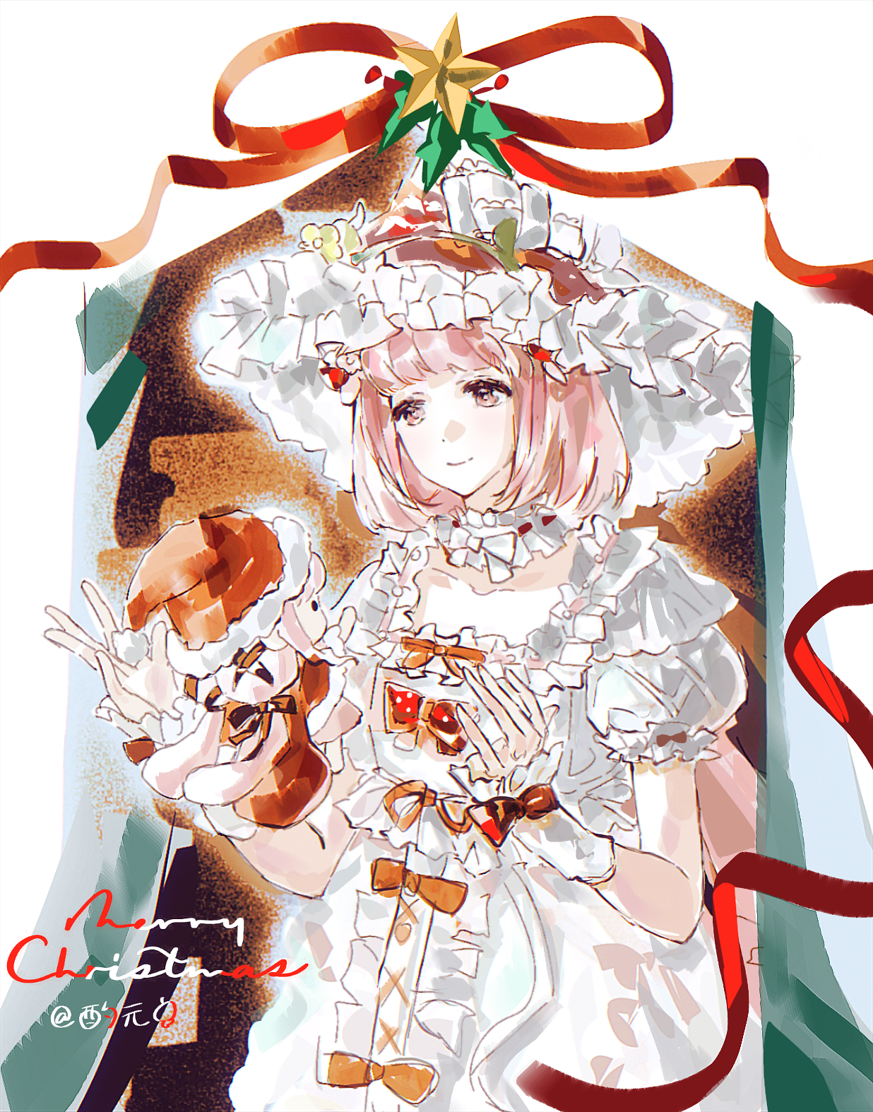 jintianshigehaotianqine, nikki (nikki), sweet waltz (infinity nikki), infinity nikki, nikki (series), highres, 2girls, absurdly long hair, artist name, barefoot, black background, black bow, blunt bangs, bow, bow choker, bowtie, bright pupils, brown eyes, center frills, chibi, choker, christmas, cloak, closed mouth, collarbone, cross-laced clothes, cross-laced dress, dot nose, dress, dress bow, dual persona, eyelashes, flower, food-themed hair ornament, frilled arm warmers, frilled bow, frilled choker, frilled dress, frilled headwear, frilled sleeves, frills, fur-trimmed cloak, fur-trimmed headwear, fur trim, hair bow, hair ornament, happy, hat, hat bow, hat flower, hat ornament, holly hat ornament, leaf, long hair, long sidelocks, looking at another, low twintails, medium hair, merry christmas, mini person, minigirl, multiple girls, orange bow, outline, pink hair, pink skirt, polka dot, polka dot bow, pom pom (clothes), puffy short sleeves, puffy sleeves, red bow, red cloak, red hat, red ribbon, ribbon, ribbon-trimmed choker, ribbon-trimmed dress, ribbon trim, santa costume, santa hat, scarf, short sleeves, sidelocks, skirt, sleeve bow, smile, square neckline, star (symbol), star hair ornament, star hat ornament, strawberry hair ornament, tareme, twintails, two-tone background, very long hair, white arm warmers, white background, white bow, white bowtie, white choker, white dress, white outline, white pupils, white scarf, witch hat, wrist bow, yellow flower