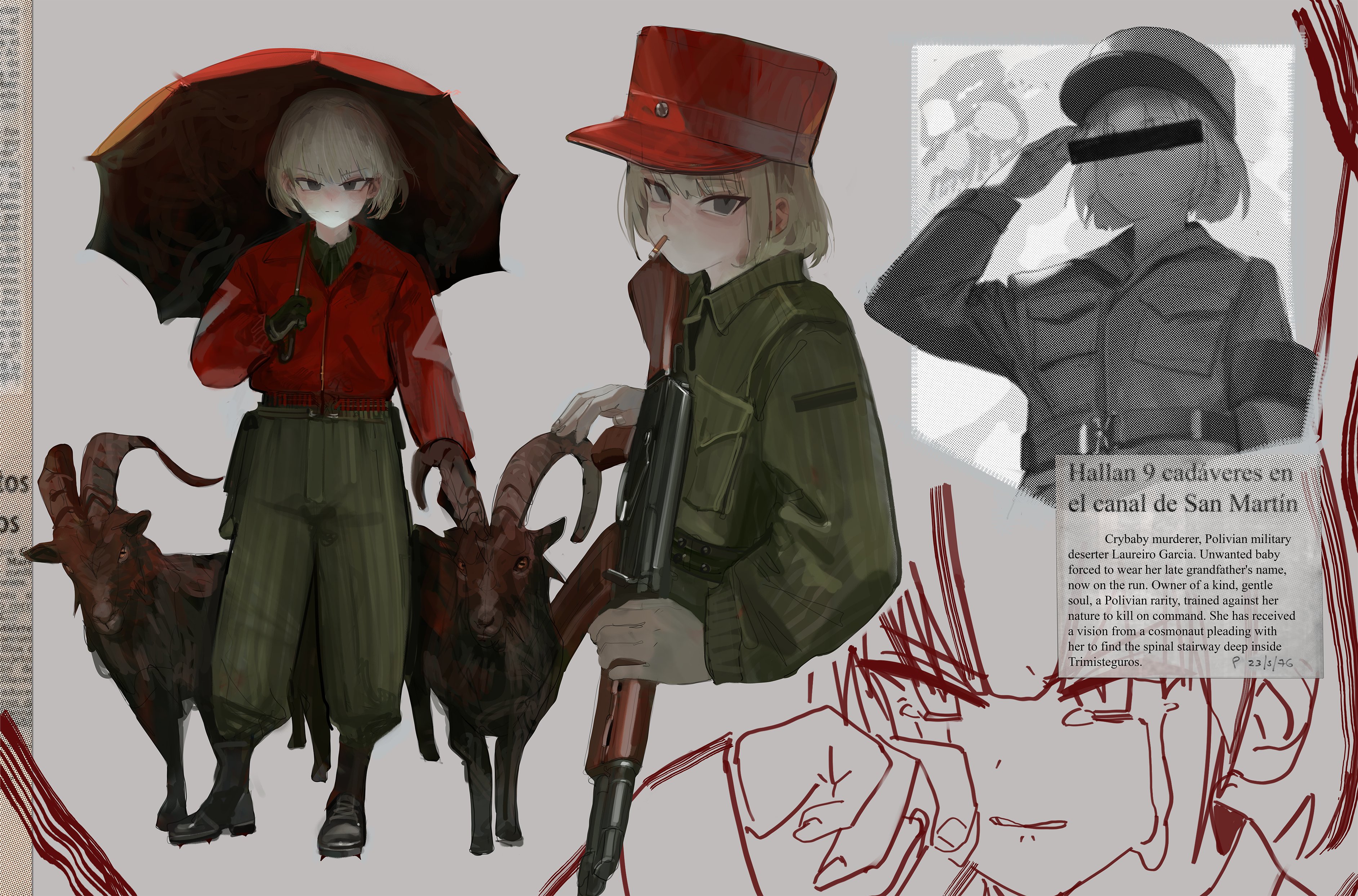 polilla, original, absurdres, commentary, english commentary, highres, 1girl, bar censor, blonde hair, boots, censored, cigarette, covered eyes, crying, crying with eyes open, english text, goat, green eyes, green pants, green shirt, hat, jacket, kalashnikov rifle, kepi, laureiro garcia (polilla), limited palette, looking at viewer, military hat, pants, polivia, red jacket, salute, shirt, smoking, spanish text, tears, umbrella, wiping tears