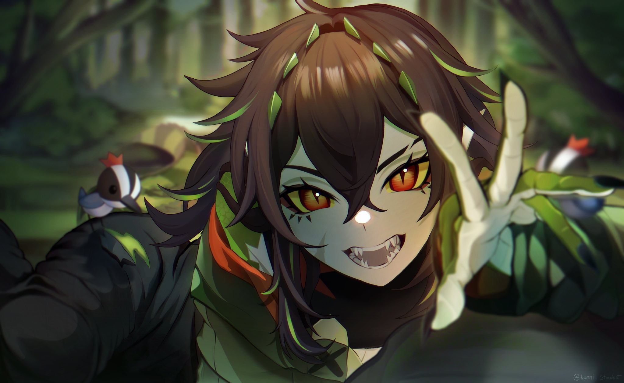 kairyu crocodile, indie virtual youtuber, highres, 1girl, animal, animal on shoulder, bird, bird on shoulder, black jacket, black nails, brown hair, bunni stardust, colored sclera, crocodile girl, fangs, green scales, green streaks, jacket, long hair, looking at viewer, open mouth, outdoors, pointy ears, red eyes, smile, solo, virtual youtuber, wetland, yellow sclera
