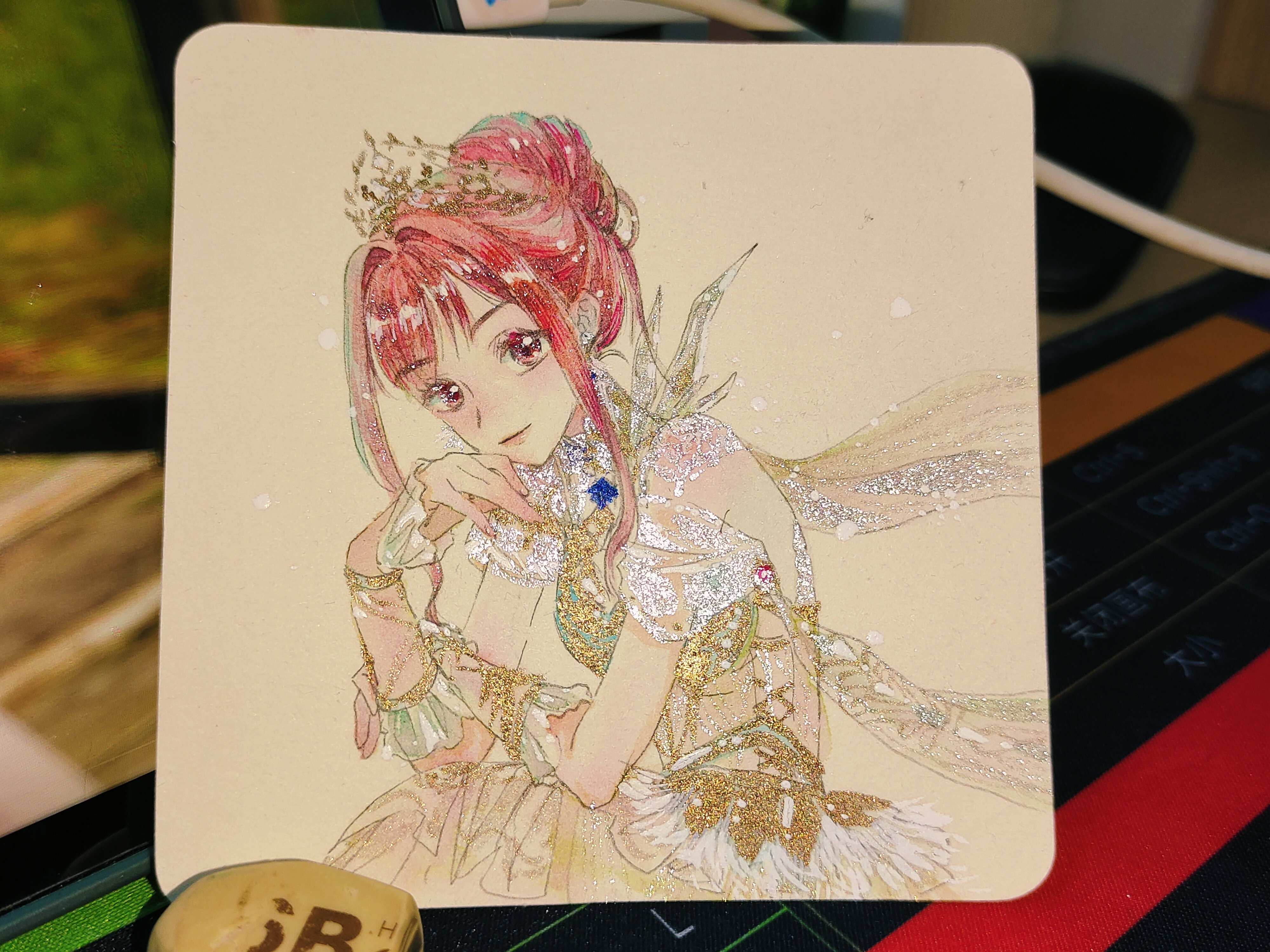 melody bloom (infinity nikki), nikki (nikki), infinity nikki, nikki (series), absurdres, highres, painting (medium), photo (medium), traditional media, watercolor (medium), 1girl, art tools in frame, bare shoulders, bracelet, brown eyes, closed mouth, collar, cowboy shot, detached collar, dress, earrings, elbows on knees, eyelashes, feather-trimmed dress, feisebeiyu, frilled arm warmers, frilled dress, frills, gold tiara, hair bun, hair intakes, hand on own arm, hand on own cheek, hand on own face, happy, high collar, jewelry, lace collar, light blush, light smile, lipstick, long hair, makeup, off-shoulder dress, off shoulder, pink hair, pink lips, see-through arm warmers, see-through clothes, see-through sleeves, short hair with long locks, short sleeves, sidelocks, single hair bun, sitting, snowing, solo, updo, white arm warmers, white collar, white dress