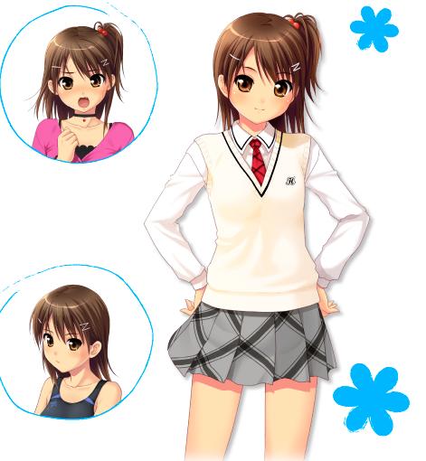 nonohara miki, watase tamaki, bishoujo (game), tanuki-soft, 1girl, brown hair, female focus, school uniform, short hair, skirt, solo, swimsuit, white background