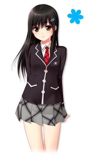 nonohara miki, tachibana kyouka, bishoujo (game), tanuki-soft, 1girl, bare legs, black hair, female focus, long hair, school uniform, smile, solo, white background