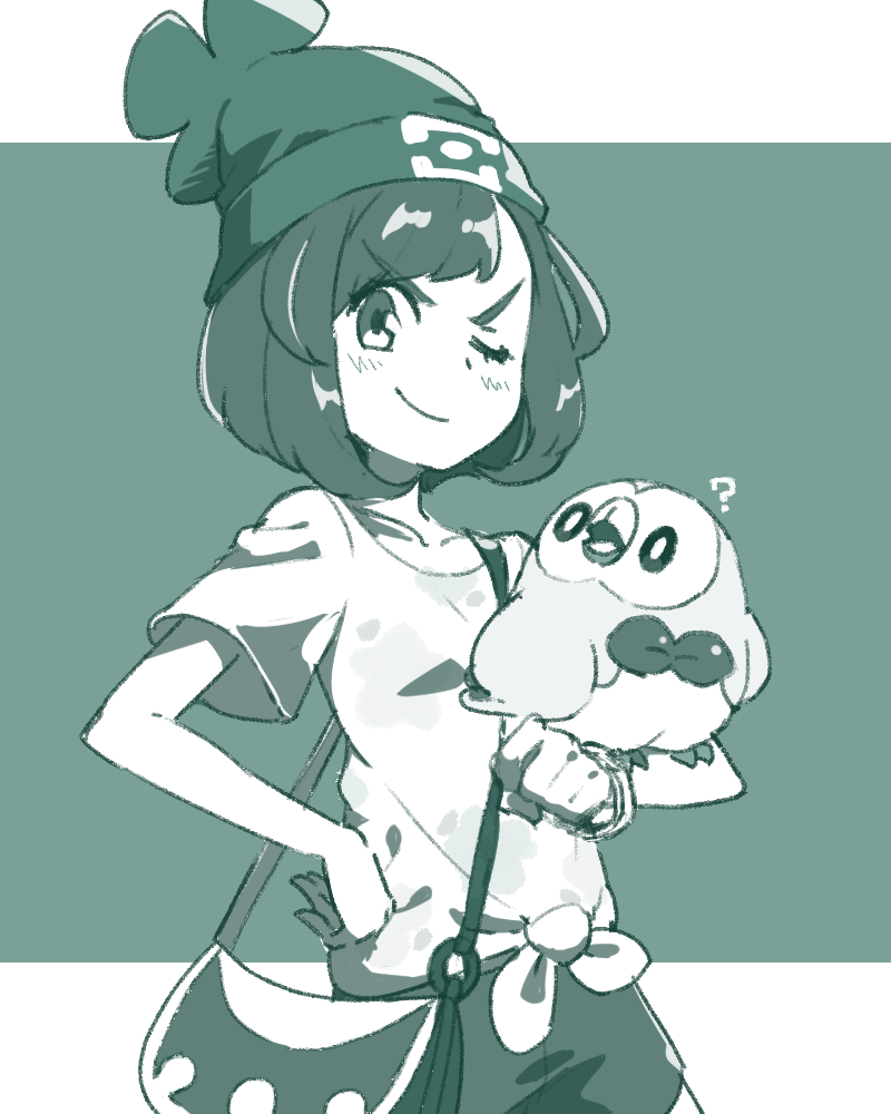 piku (another pikuru), rowlet, selene (pokemon), nintendo, pokemon, pokemon sm, commentary request, 1girl, ?, bag, blush, closed mouth, eyelashes, gen 7 pokemon, hand on own hip, handbag, hat, monochrome, one eye closed, open mouth, pokemon (creature), pokemon on arm, shirt, short hair, short sleeves, simple background, smile, v-shaped eyebrows