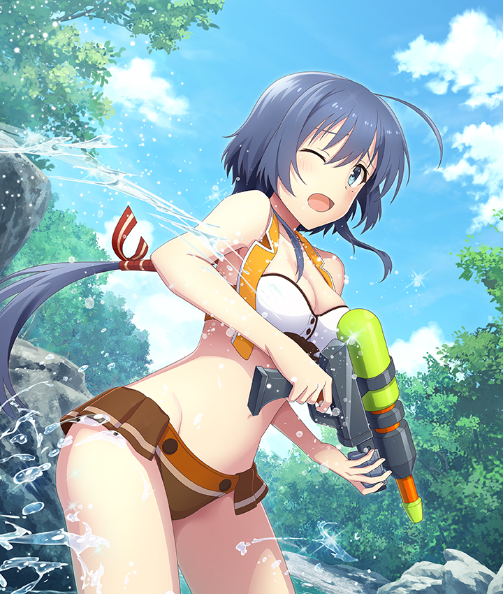 setouchi chie, toji no miko, toji no miko: kizamishi issen no tomoshibi, game cg, official art, third-party source, 1girl, adapted costume, ahoge, bare shoulders, bikini, blue eyes, blue hair, blue sky, blush, breasts, cleavage, cloud, cowboy shot, day, groin, hair ribbon, holding, holding water gun, large breasts, long hair, low ponytail, mole, mole under eye, nature, navel, one eye closed, open mouth, orange vest, osafune girls academy school uniform, outdoors, ponytail, red ribbon, ribbon, rock, school uniform, sidelocks, sky, solo, sparkle, splashing, spraying, striped ribbon, swimsuit, tree, very long hair, vest, water fight, water gun, white bikini