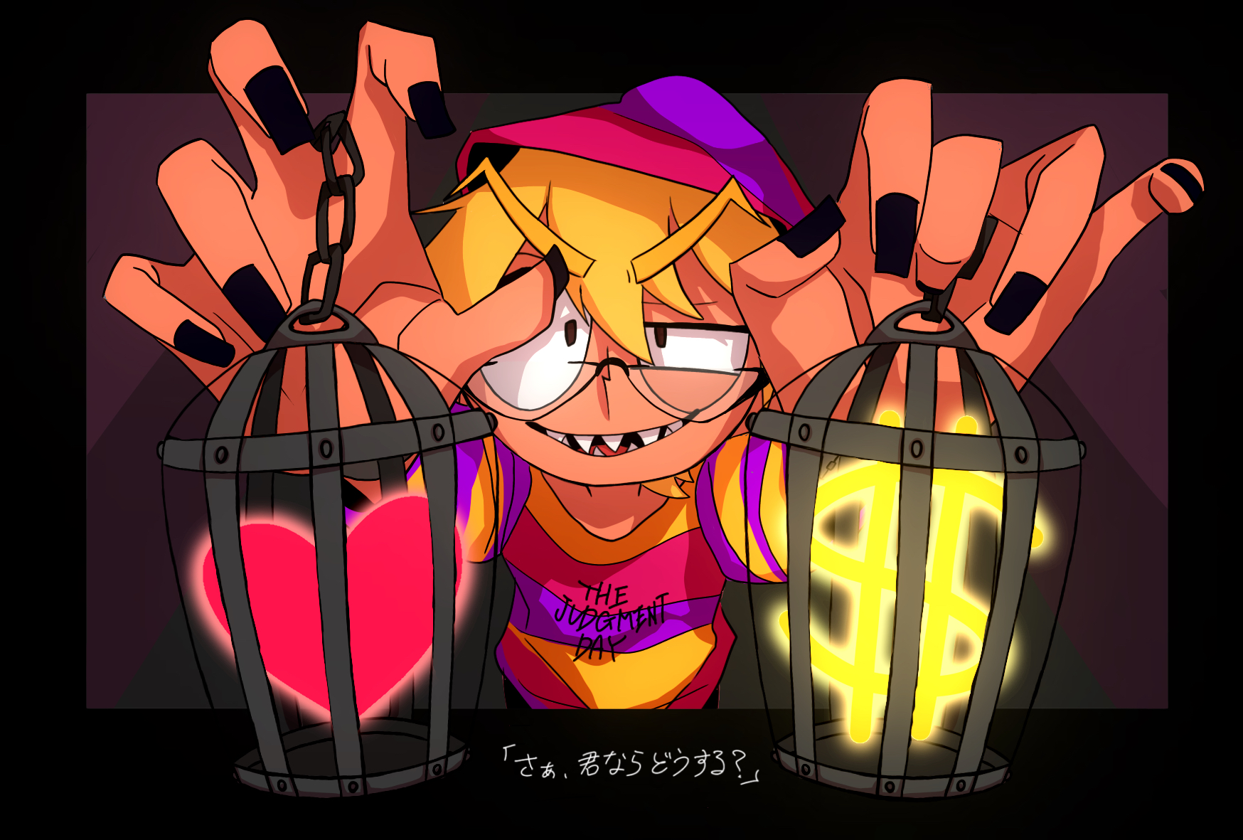 judgement boy (gregory horror show), gregory horror show, commentary, highres, translated, 1boy, bakeo, black border, black nails, blonde hair, border, cage, clothes writing, dollar sign, evil grin, evil smile, foreshortening, glasses, grin, half-closed eye, heart, holding, holding cage, looking at viewer, male focus, outside border, personification, smile, striped clothes, striped headwear, striped sweater, sweater, v-shaped eyebrows