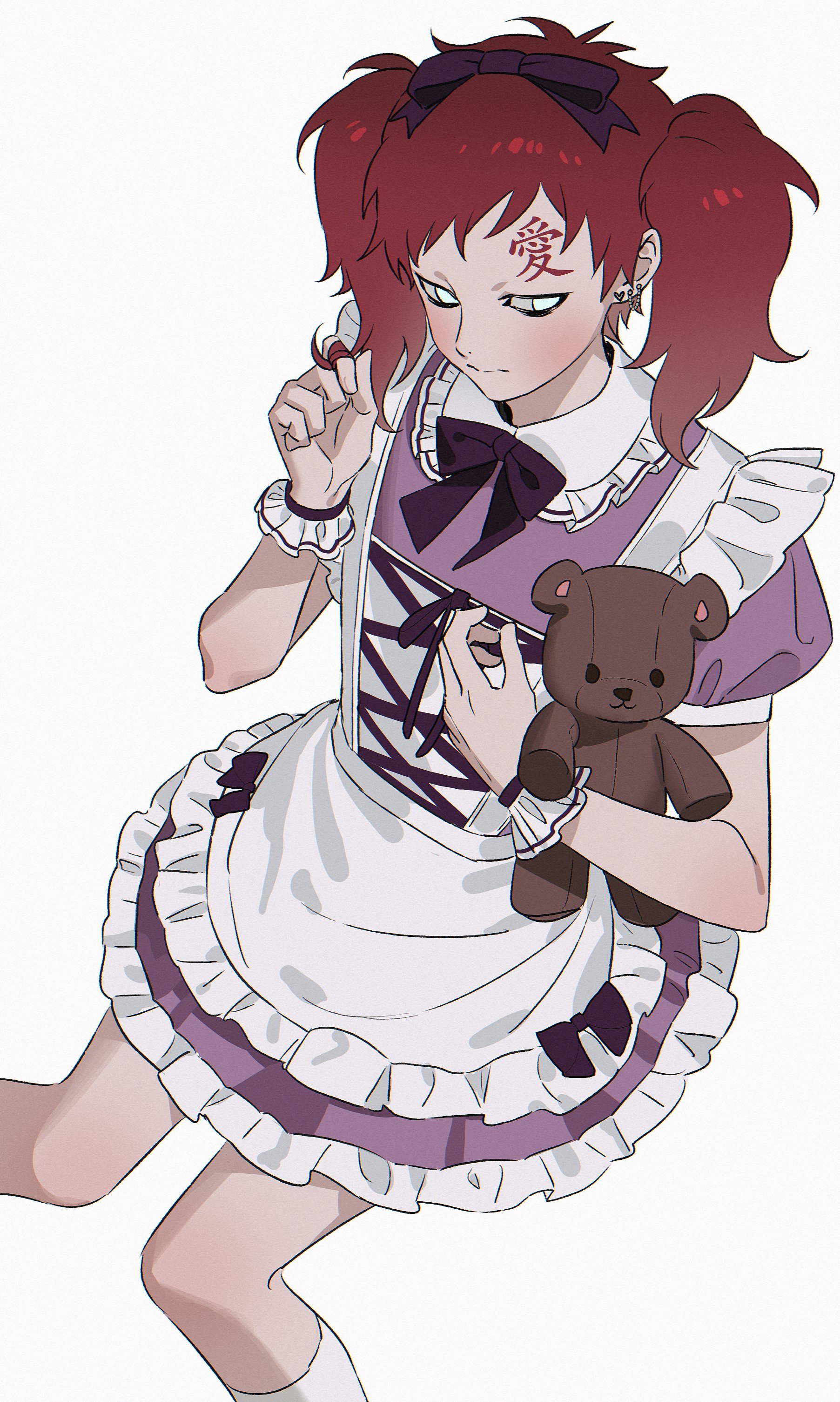 gaara (naruto), naruto (series), absurdres, highres, 1boy, apron, blush, bow, bowtie, closed mouth, collared dress, crossdressing, crossdressing (mtf), dress, earrings, feet out of frame, frilled apron, frills, hair bow, hand in pocket, holding, holding stuffed toy, jewelry, long hair, m0 mo momo, male focus, naruto sd rock lee no seishun, no eyebrows, no pupils, official alternate costume, puffy short sleeves, puffy sleeves, purple bow, purple bowtie, purple dress, scar, scar on face, scar on forehead, short dress, short sleeves, socks, solo, stuffed animal, stuffed toy, teddy bear, twintails, white apron, white background, white eyes, white socks, white wrist cuffs, wrist cuffs