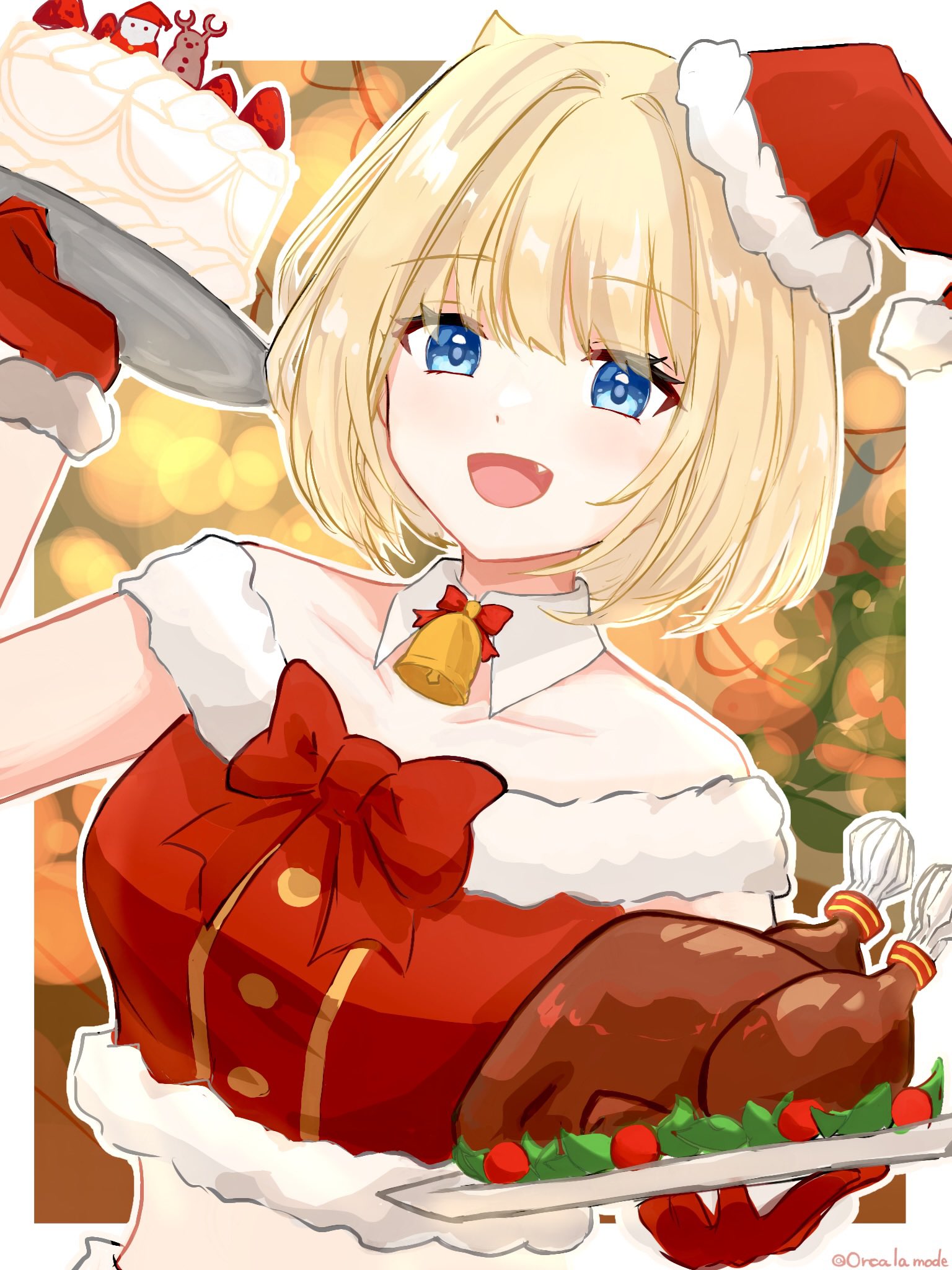 justia (brown dust), brown dust (series), brown dust 2, highres, 1girl, bell, blonde hair, blue eyes, blurry, blurry background, breasts, cake, christmas, demon horns, dress, eyebrows hidden by hair, fang, food, gloves, holding, holding tray, horns, looking at viewer, medium breasts, neck bell, open mouth, orcalamode, red dress, red gloves, santa costume, santa dress, short hair, small horns, smile, solo, tray, turkey (food)