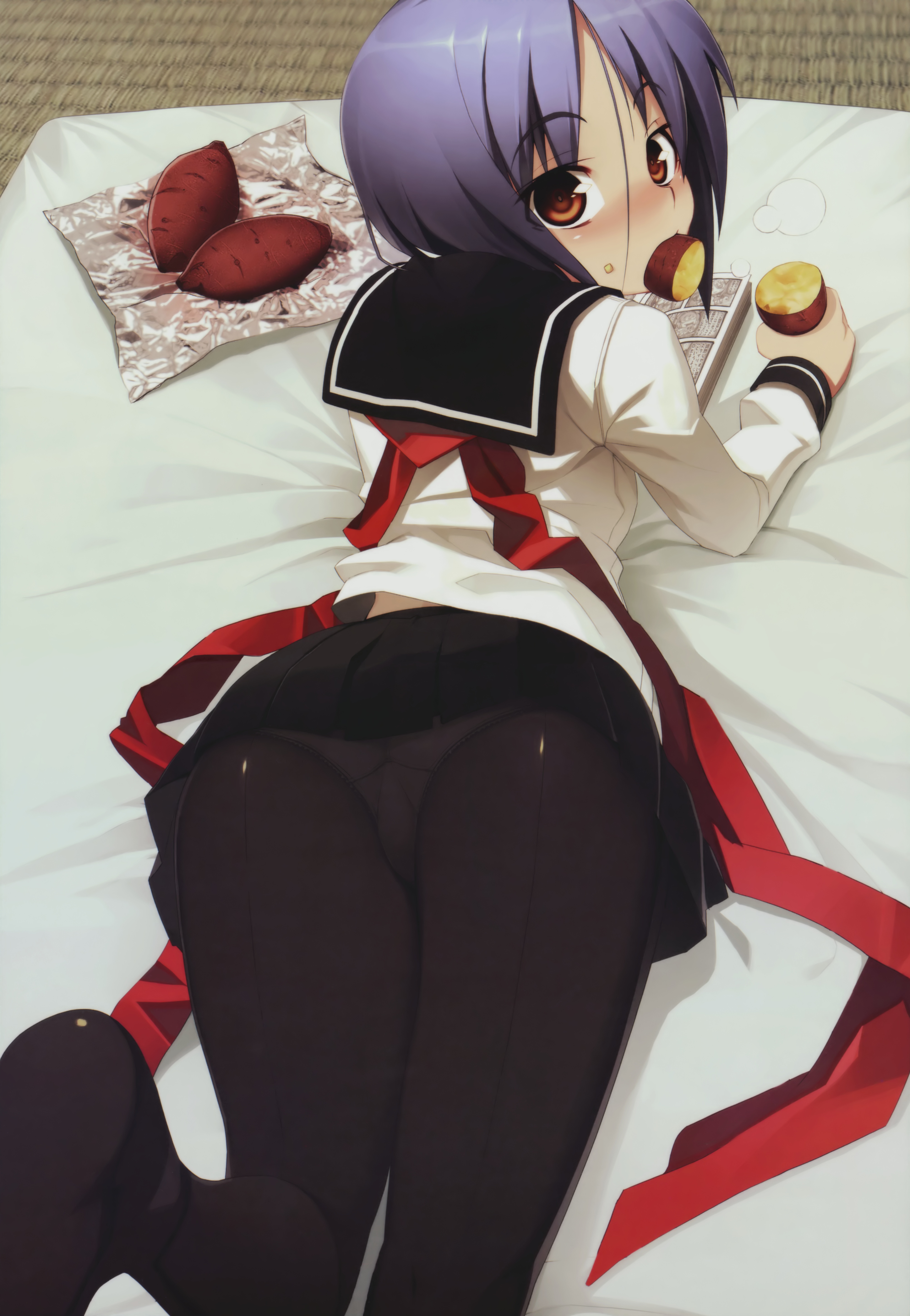 namaniku atk, ayane ichijou, soukou akki muramasa, absurdres, highres, 1girl, ass, back-seamed legwear, baked potato, bed, black pantyhose, blue hair, blush, book, eating, female focus, food, from behind, looking back, lying, mouth hold, on stomach, open book, orange eyes, panties, panties under pantyhose, pantyhose, pantyshot, purple hair, reading, ribbon, school uniform, seamed legwear, serafuku, short hair, skirt, solo, sweet potato, underwear, upskirt