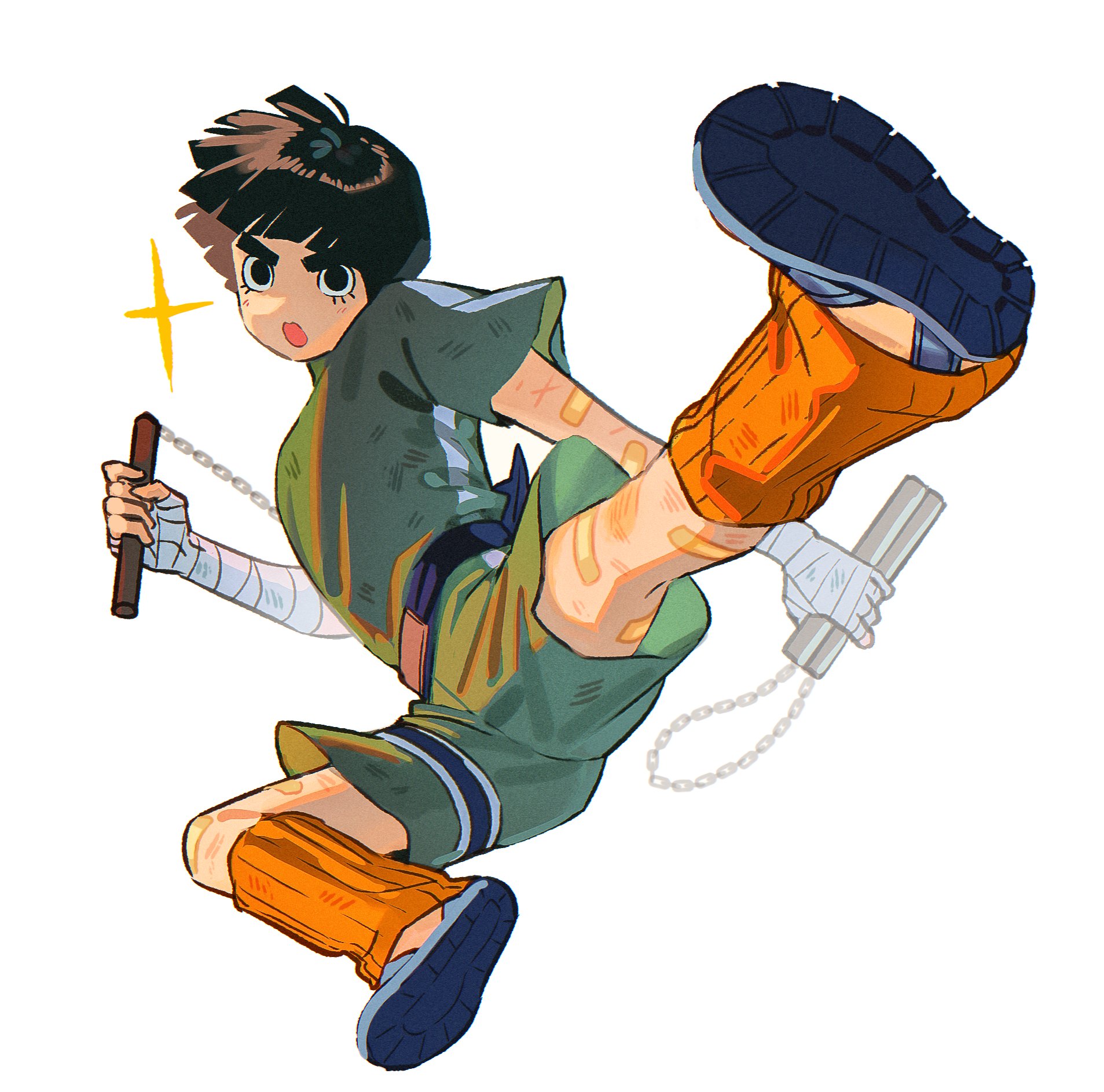 rock lee, naruto (classic), naruto (series), highres, 1boy, bandaged arm, bandaged hand, bandages, bandaid, bandaid on arm, bandaid on leg, black eyes, black hair, black shoes, blunt bangs, bowl cut, green shirt, green shorts, holding, holding nunchaku, holding weapon, kicking, leg warmers, m0 mo momo, male focus, nunchaku, open mouth, orange leg warmers, shirt, shoes, short hair, shorts, solo, sparkle, t-shirt, thick eyebrows, weapon, white background