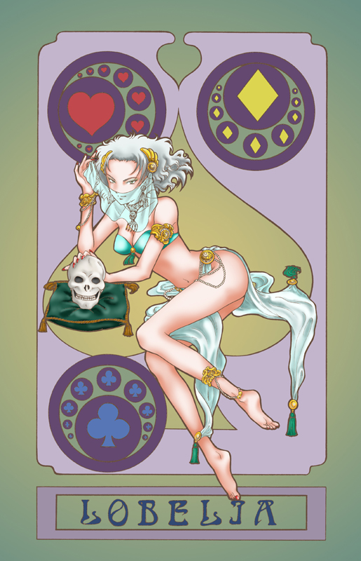 manatee-lettuce, lobelia carlini, sakura taisen, sakura taisen iii, silver hair, 00s, 1girl, anklet, barefoot, bikini, bikini top only, bracelet, breasts, card, card (medium), cleavage, feet, female focus, grey eyes, jewelry, loincloth, midriff, pillow, short hair, skull, solo, swimsuit, veil