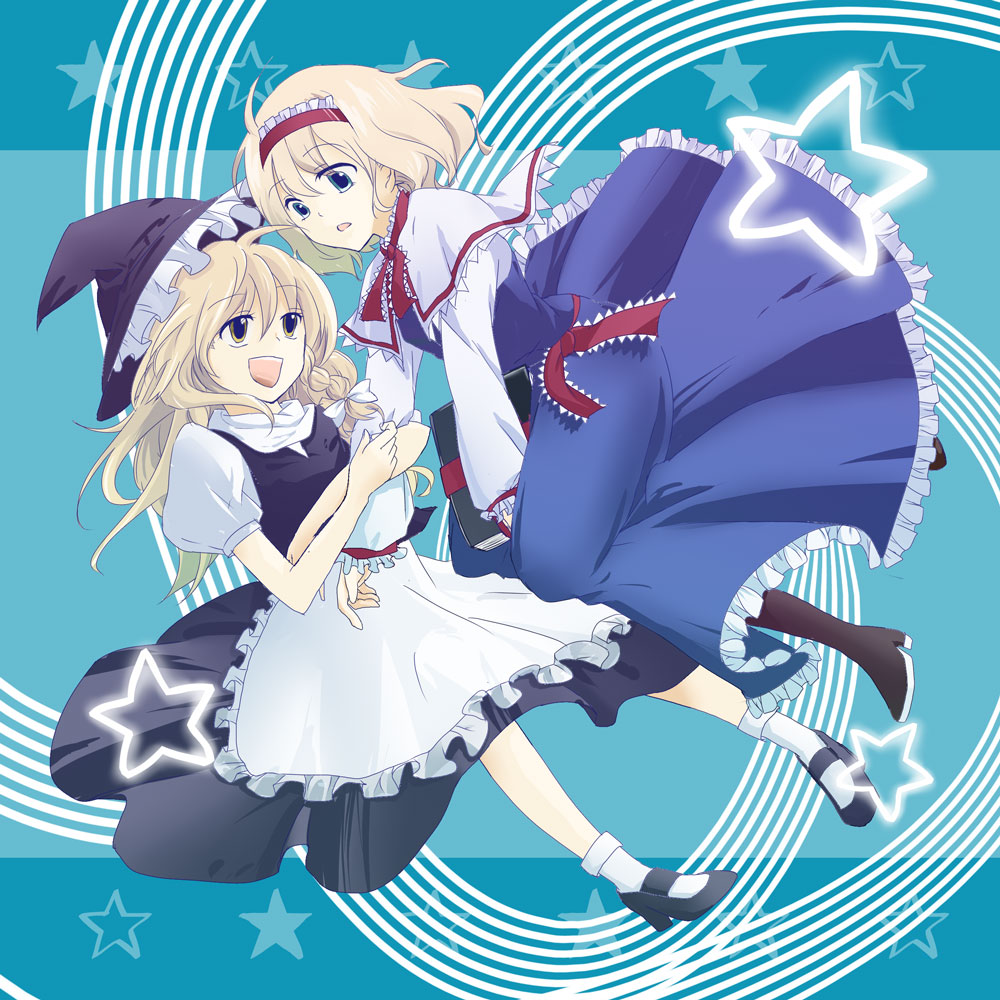 alice margatroid, kirisame marisa, touhou, bad id, bad pixiv id, 2girls, ahoge, blonde hair, blue eyes, book, boots, braid, dress, female focus, hair between eyes, hair ribbon, hairband, hat, multiple girls, open mouth, ribbon, shoes, side braid, single braid, smile, socks, star (symbol), witch, witch hat, yellow eyes