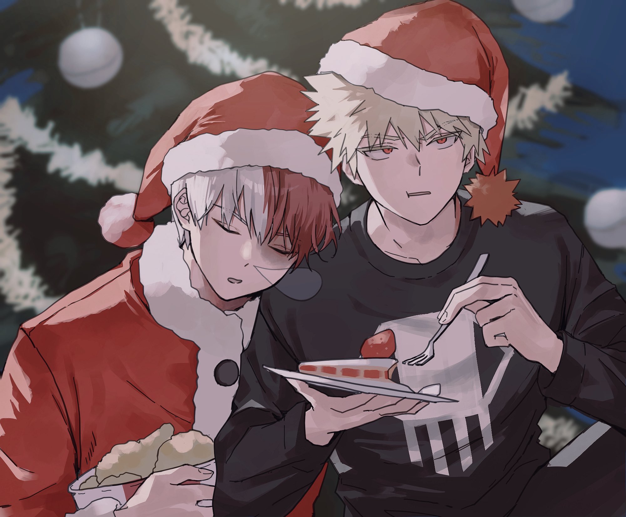 bakugou katsuki, todoroki shoto, boku no hero academia, kfc, highres, 2boys, black sweater, blonde hair, cake, chicken (food), christmas tree, closed eyes, eating, food, fork, fried chicken, hair between eyes, hat, holding, holding fork, leaning on person, male focus, multicolored hair, multiple boys, noa10547791, nose bubble, parted lips, red eyes, red hair, santa costume, santa hat, scar, scar across eye, scar on face, short hair, spiked hair, strawberry shortcake, sweater, two-tone hair, upper body, white hair, yaoi