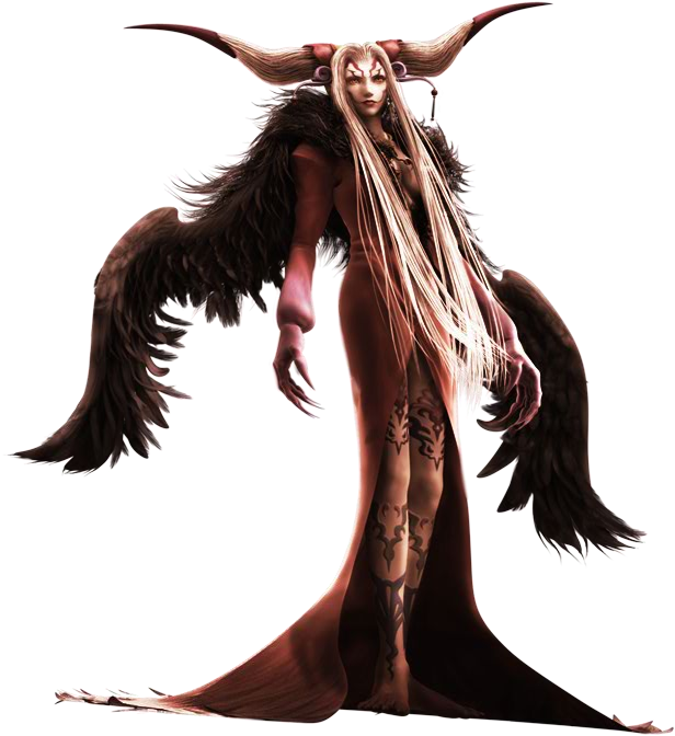 ultimecia, final fantasy, final fantasy viii, artist request, 1990s (style), barefoot, claws, dress, feet, grey hair, horns, long hair, very long hair, wings, witch