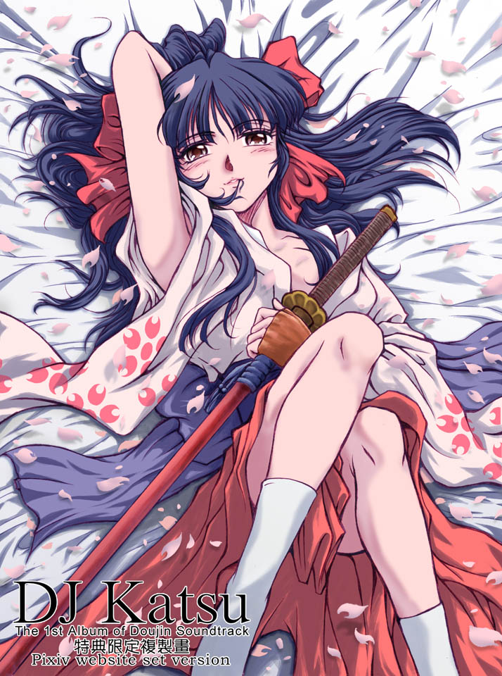 dab2001tw, shinguuji sakura, sakura taisen, 00s, 1girl, black hair, blush, bow, brown eyes, cherry blossoms, fingerless gloves, gloves, hair bow, japanese clothes, katana, kimono, long hair, name connection, object namesake, sword, tassel, weapon