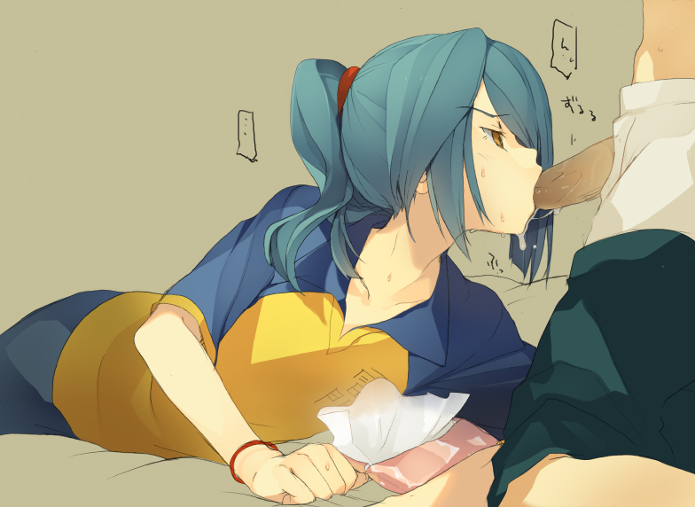 kaimuari, kazemaru ichirouta, inazuma eleven, inazuma eleven (series), bad id, bad pixiv id, 00s, 2boys, androgynous, bracelet, fellatio, hair over one eye, head out of frame, jewelry, lying, male focus, multiple boys, on stomach, oral, penis, ponytail, raimon, raimon soccer uniform, shota, soccer uniform, sportswear, sweat, tissue, yaoi