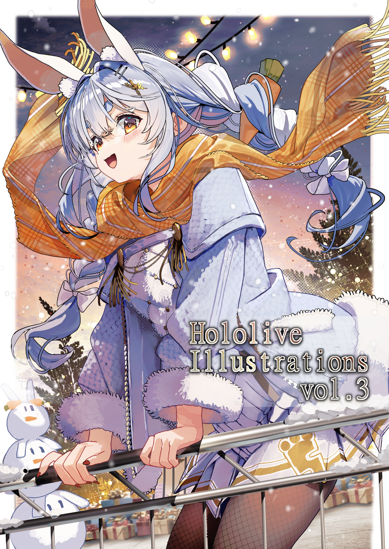 haruhina purple, pekomon (usada pekora), usada pekora, comiket 107, hololive, commentary request, highres, 1girl, :d, alternate costume, animal ear fluff, animal ears, black pantyhose, blue hair, blue jacket, braid, carrot hair ornament, extra ears, fishnet pantyhose, fishnets, food-themed hair ornament, fur-trimmed jacket, fur trim, hair ornament, hairclip, hikimayu, jacket, long hair, miniskirt, multicolored hair, nail polish, open mouth, orange eyes, outdoors, pantyhose, parallel hairclips, pleated skirt, rabbit-shaped pupils, rabbit ears, rabbit girl, red nails, scarf, short eyebrows, sidelocks, skirt, smile, snowing, solo, symbol-shaped pupils, thick eyebrows, tree, twin braids, two-tone hair, virtual youtuber, white hair, white skirt, yellow scarf